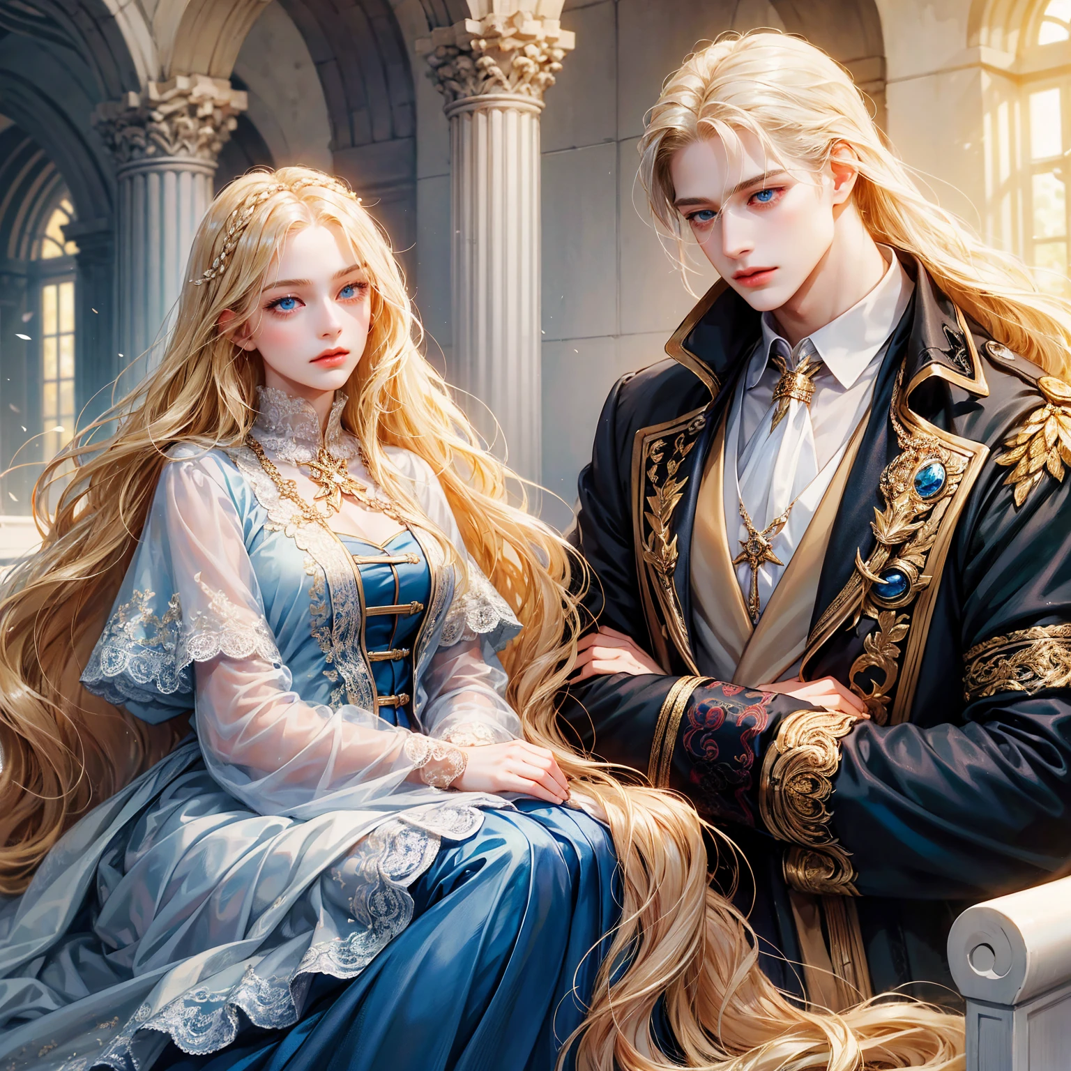 pair, 1 girl 1 boy, long golden blond wavy hair and blue eyes, long straight platinum hair and blue eyes, romance, romantic, Different heights, fantasy, detailed eyes, simple background