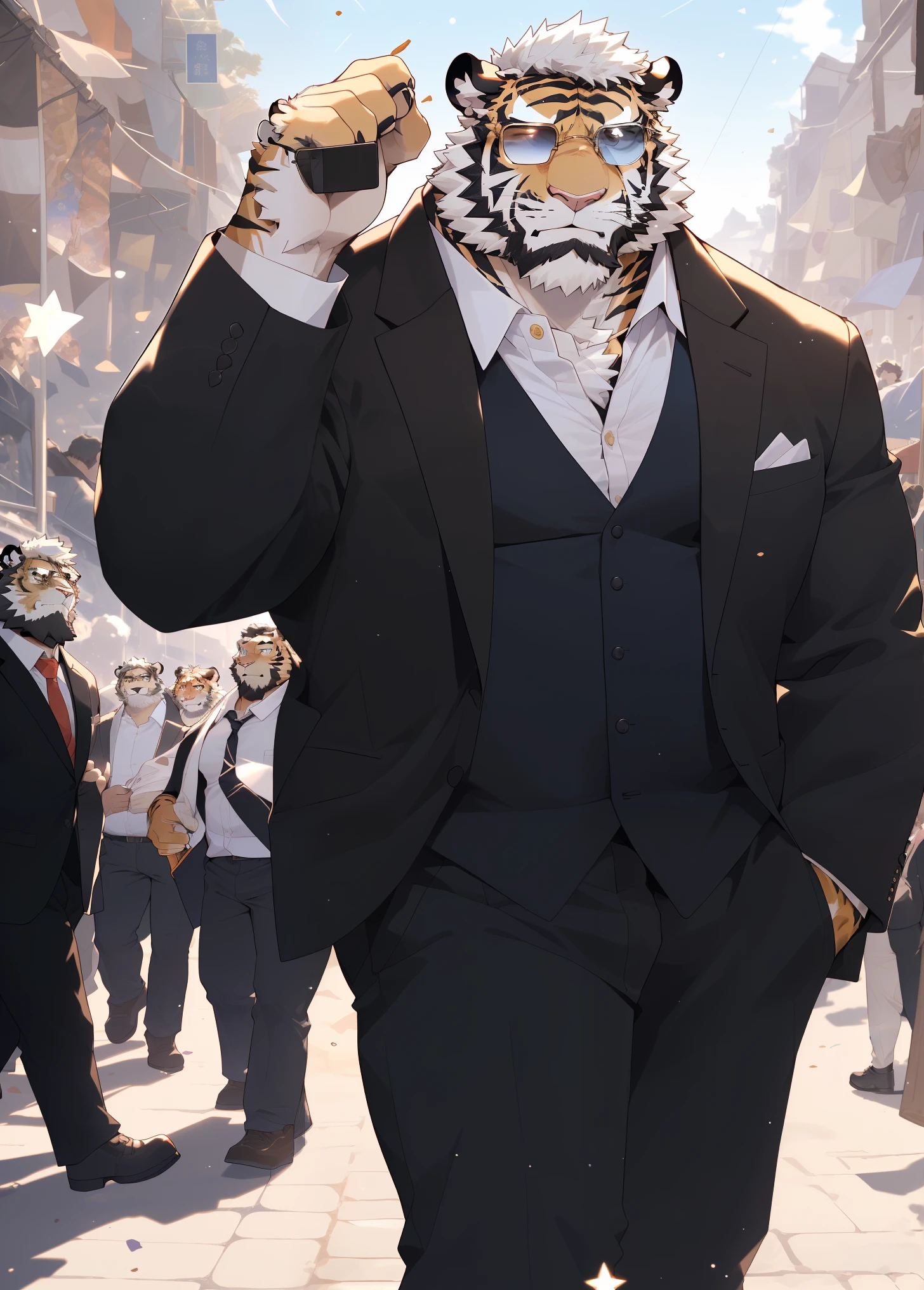 hairy，（tiger，black suit，wearing sunglasses ），beard，golden fur，white short hair，male，brown eyes，wearing sunglasses，Common，star，There are many journalists and fans around，detailed background，极其lifelike阴影，masterpiece，Very detailed，lifelike