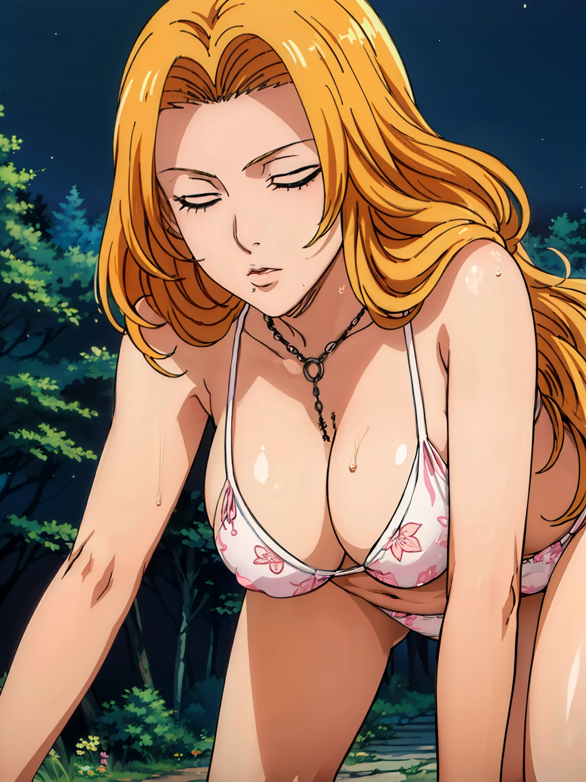 (all fours), (inside red tent), want to kiss pose, flower pattern bikini, (night forest background), matsumoto rangiku, takeda hiromitsu style, anime cels style, best quality, high resolution, (huge breasts:1.3), cowboy shot, (potrait body), blushing, puckered up mouth, closed eyes, Blonde hair, bangs,Long_hair, 1 girl, looking at viewer, beautiful face, Beautiful Finger, Beautiful long legs, Beautiful body, Beautiful Nose,Beautiful character design, pov from below