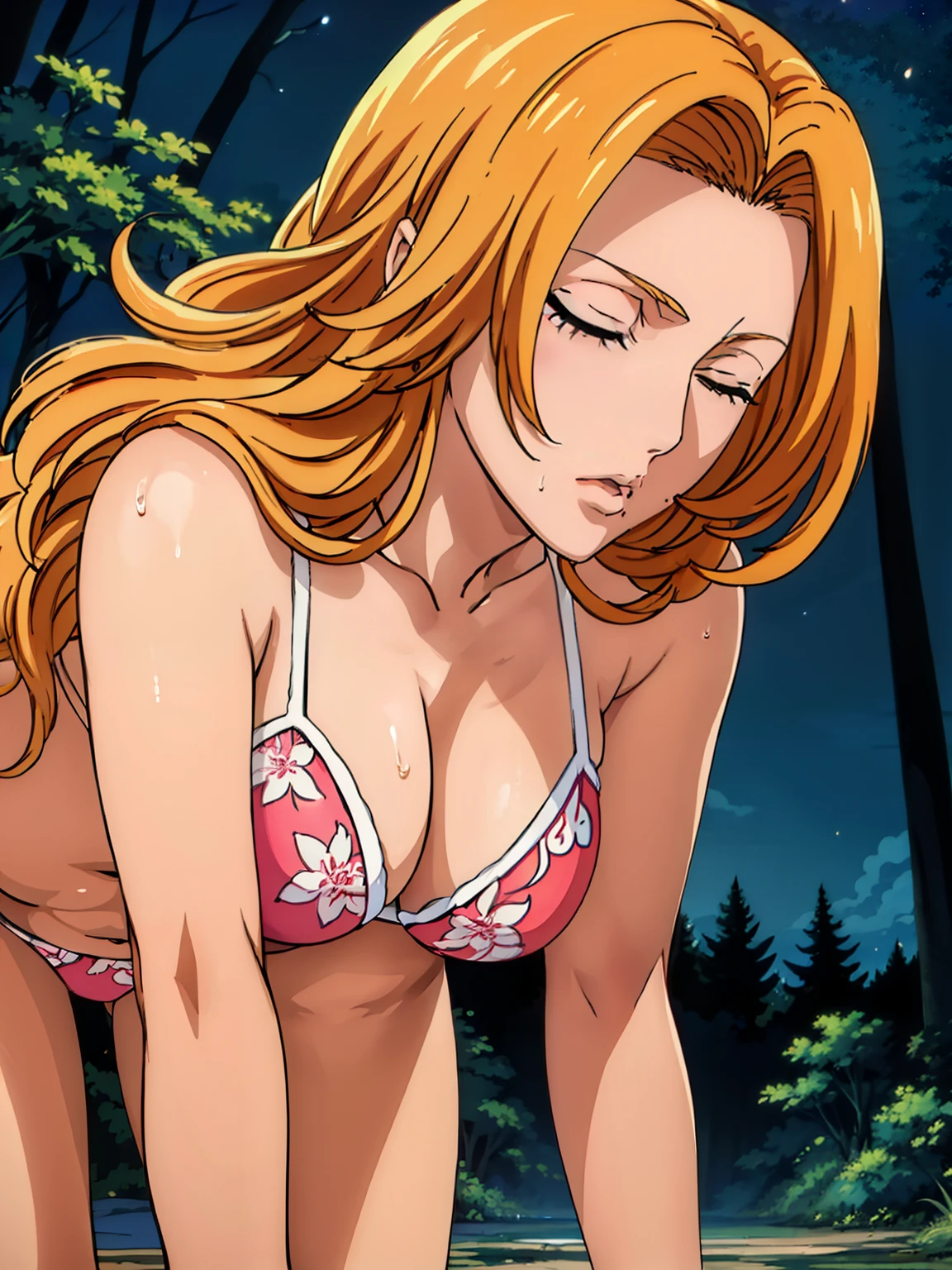 (all fours), (inside red tent), want to kiss pose, flower pattern bikini, (night forest background), matsumoto rangiku, takeda hiromitsu style, anime cels style, best quality, high resolution, (huge breasts:1.3), cowboy shot, (potrait body), blushing, puckered up mouth, closed eyes, Blonde hair, bangs,Long_hair, 1 girl, looking at viewer, beautiful face, Beautiful Finger, Beautiful long legs, Beautiful body, Beautiful Nose,Beautiful character design, pov from below