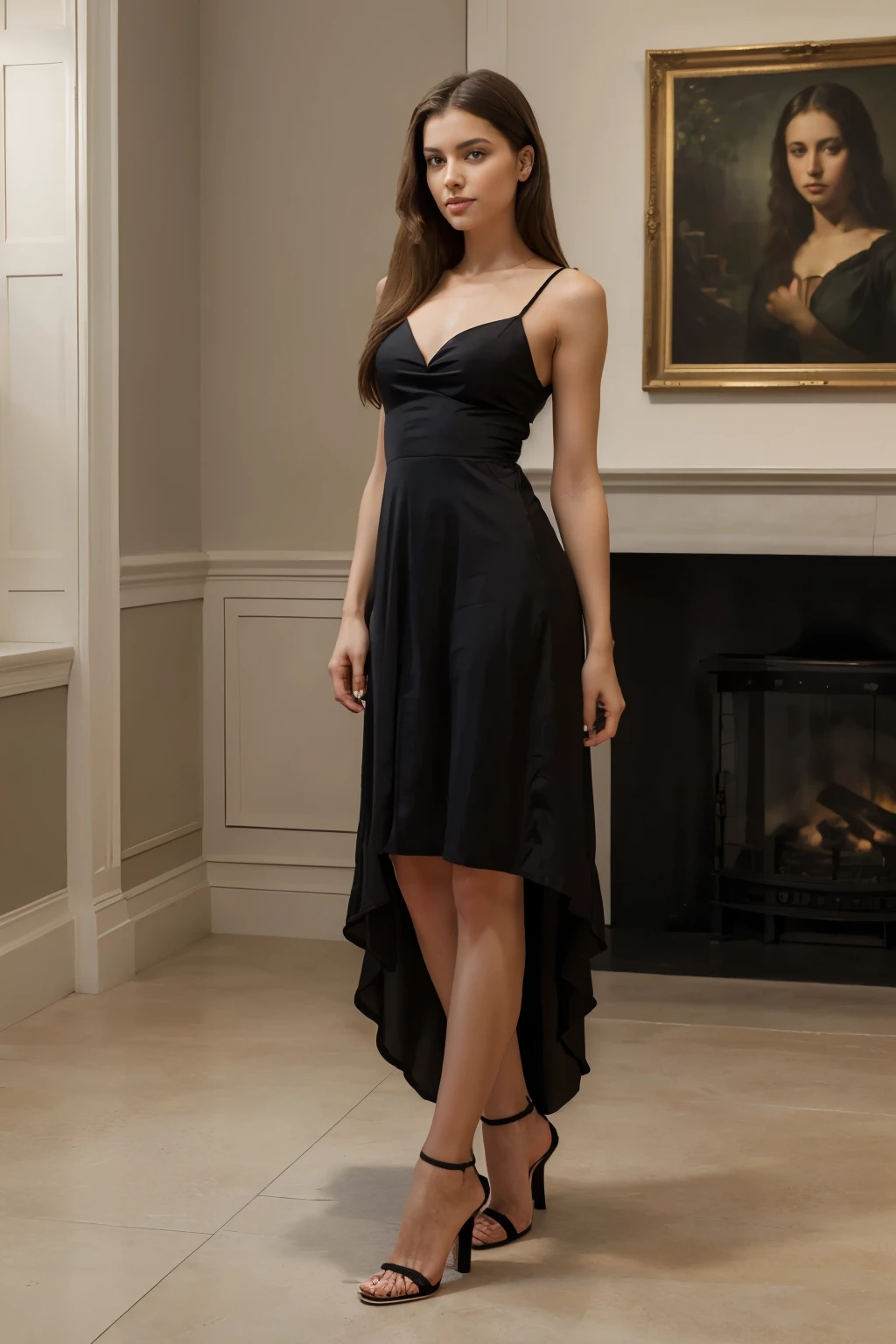 (Best quality),(masterpiece) Realist at home, with art picture, young woman, Beautiful Skinny, full length, in a black sundress, a real man, in stiletto heels