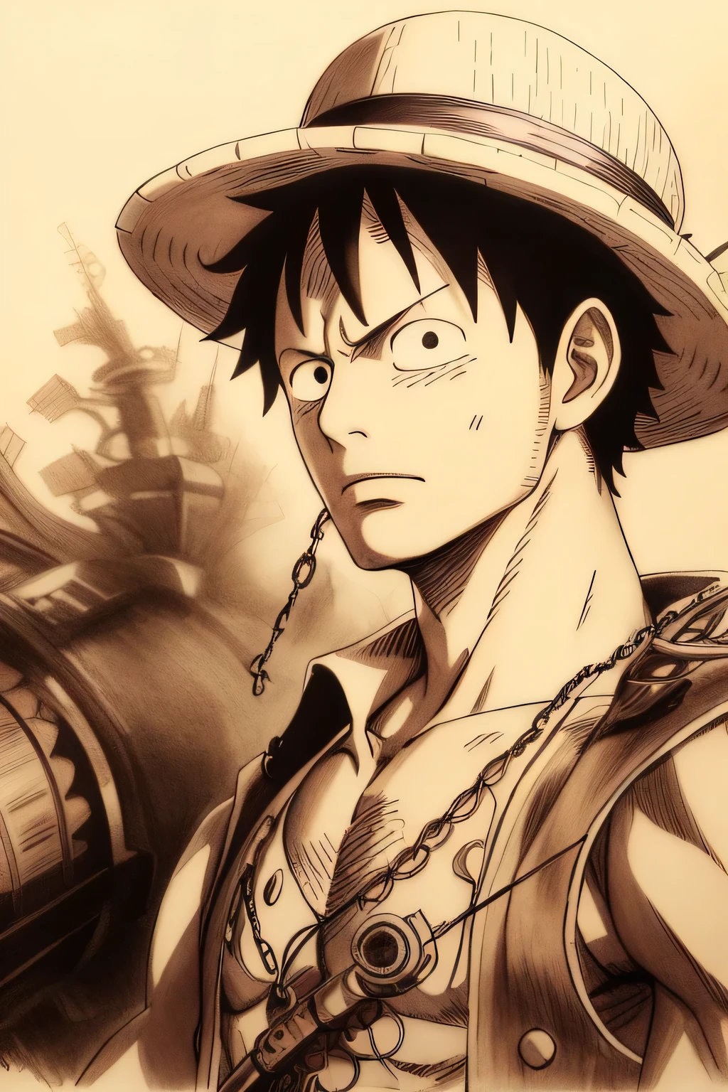 A mesmerizing greyscale pencil drawing capturing the legendary Monkey D. Luffy from the anime series One Piece, portrayed in a detailed portrait that extends till his torso. Luffy is depicted wearing a striking steampunk-inspired dress, adorned with intricate gears, chains, and ornate designs that add a unique twist to his iconic attire. The sketch showcases the meticulous details of his steampunk dress, the flowing folds, and the delicate shading that brings depth to his form. The drawing is rendered in 4K HDR, allowing for stunning visual clarity and contrast. Luffy's determined expression and unwavering spirit are brought to life through the precise linework and shading. The background is kept minimal, ensuring the focus remains on Luffy and the captivating steampunk aesthetics of his attire. Style: Detailed pencil drawing with a focus on precise linework, shading, and texture, capturing the essence of Luffy's steampunk dress and his indomitable spirit. Execution: Created using high-quality pencils on fine-grained paper, employing various shading techniques to achieve a lifelike portrayal with rich details and textures. --ar 1:1