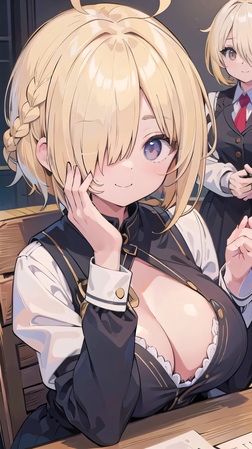 cleavage、tits、smile、hands up, elbows on table, face palm、breasts close up, blonde　((((((hair over one eye)))))), Braid Styles, spiked hair, blunt bangs, bob hair, a braid, Ahoge　red eyes,