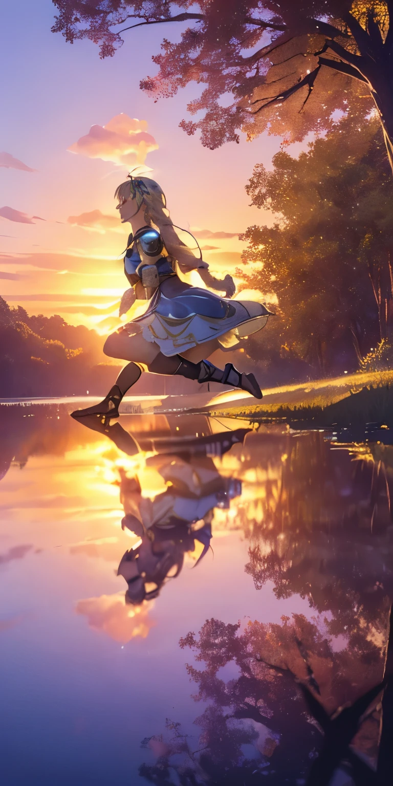 (masterpiece, best quality:1.3), Sophitia Alexandra, Soul Calibur, (cinematic angle:1.5), 28 years old, look at viewer, gold hair, braid hair, (there is a beautiful sunset with a lake and trees in the background, colorful skies, surreal colors, colorful sunset, colorful sky, marvellous reflection of the sky:1.2),