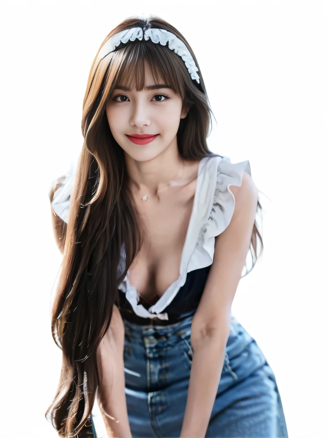 highest quality,masterpiece,ultra high resolution,(realistic:1.4),girl, 18-year-old, (Perky ???????:1.2), bangs, (slim face, slim waist, slim legs), Maid clothes, attractive, ((black choker, Blue color contact lenses)), Lean forward and look into the camera、long eyelashes、Large saggy ???????、smile、long sleeve shirt、Cleavage is visible from the front, slouch:1.2, brown hair