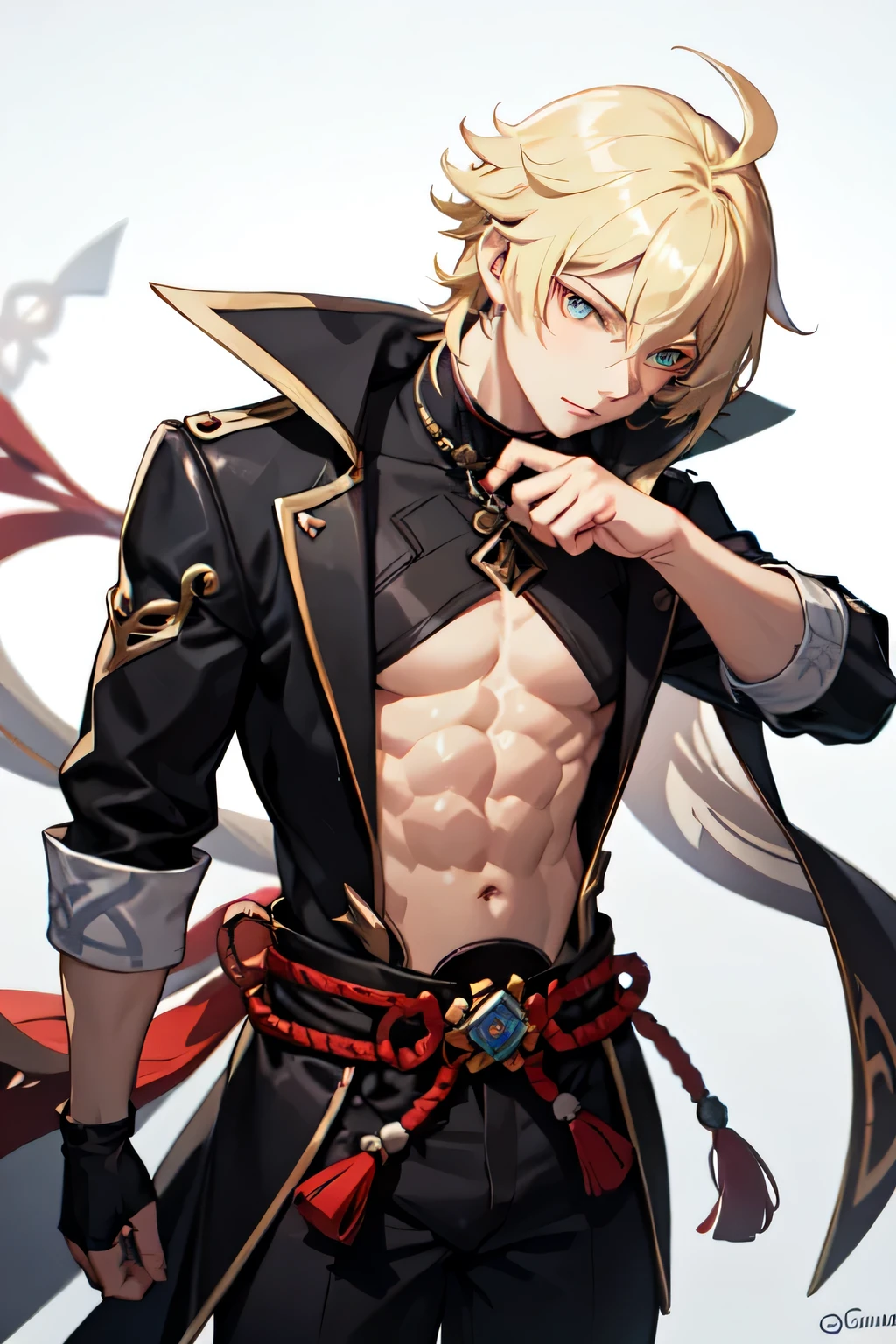 Make the image of a male character by Genshin Impact, he has medium blonde hair, muscular body, wears a black coat and has yellow eyes