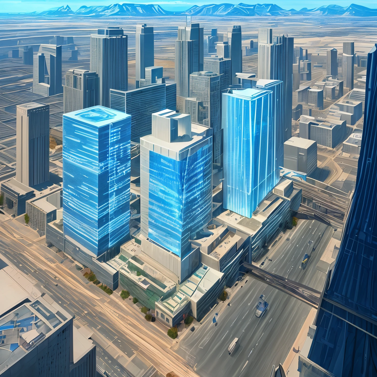aerial view of Modern building skycraper robust white futuristic LED illuminated blue windows and doors, set in Utah desert orange sunny day realistic texture illuminated ambient day sun city ESG, paved streets, bike paths, bridges and traffic