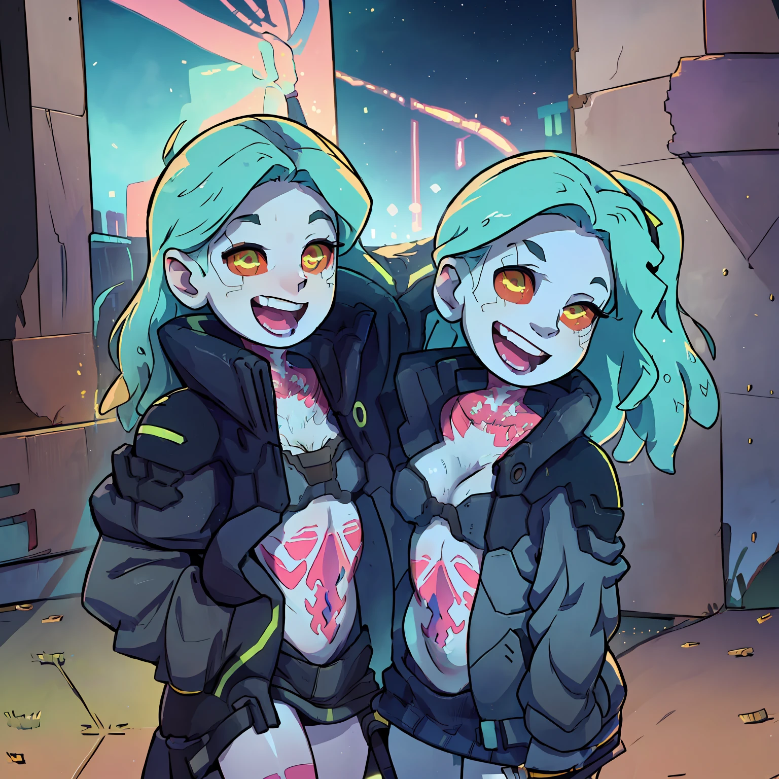 (cinematic, 8k, best quality, masterpiece: 1.2), (realistic, photo-realistic: 1.37), ultra-detailed, soft light, best quality, ultra highres, raw photo in HDR, sharp focus, intricate texture, skin imperfections, 1 girl, cute, solo, raw photo, Rebecca a robotic girl with green hair, laughing, pink tattoo on her neck and belly, wearing a black jacket with yellow details, holding a pistol in hand, 19yo, (1girl):1.5, camel fingers, slim body, warm body, shiny skin, realistic textures, reflected lighting, volumetric lighting. Background a cyberpunk city at night, neon lighting.
