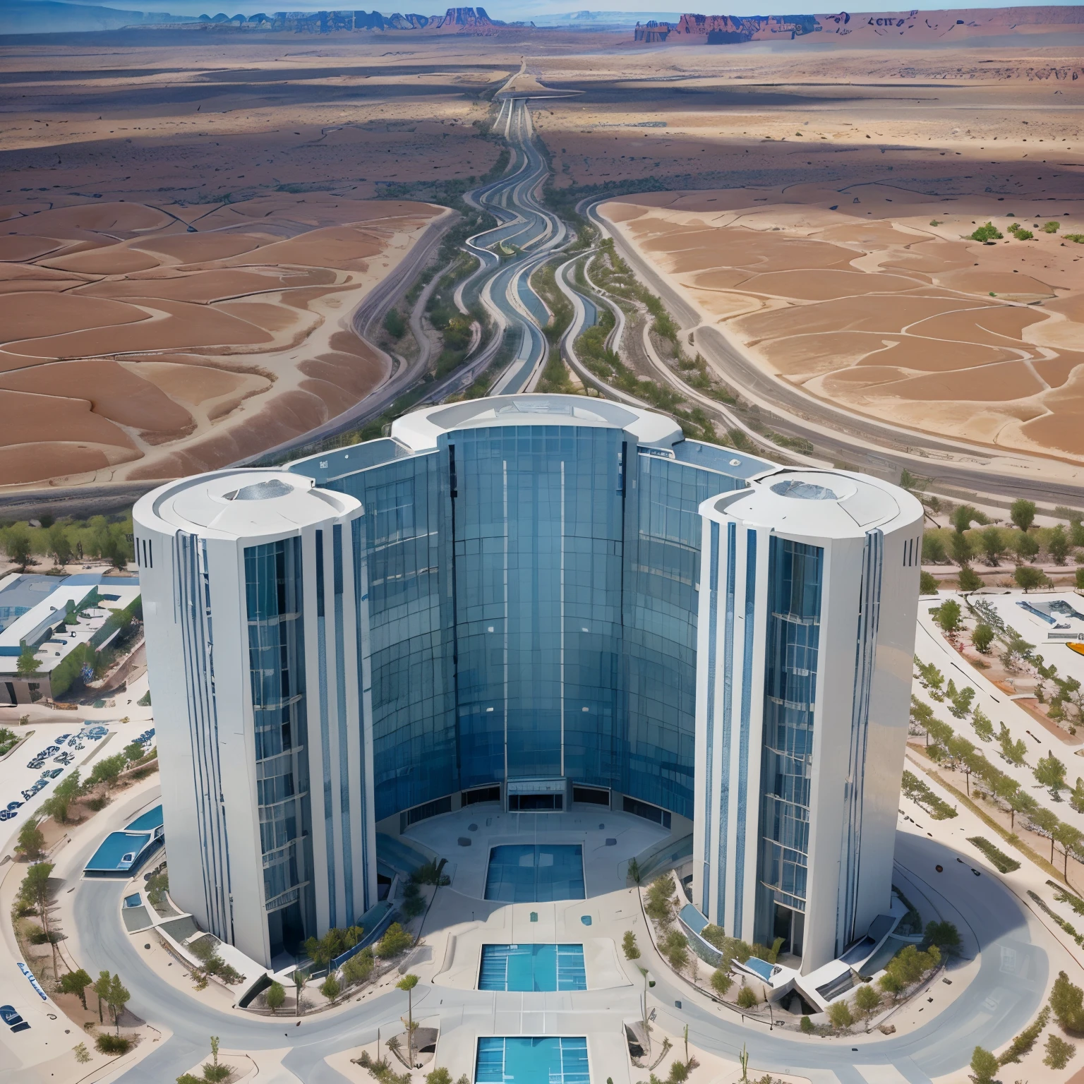 aerial view of Modern building skycraper robust white futuristic LED illuminated blue windows and doors, set in Utah desert orange sunny day realistic texture illuminated ambient day sun city ESG, paved streets, bike paths, bridges and traffic, afforestation and water fountains and lake, swimming pools 