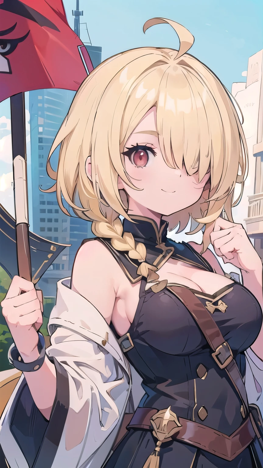 tits、cleavage, smile, face palm、breasts close up, blonde ((((((hair over one eye)))))), Braid Styles, spiked hair, blunt bangs, bob hair, a braid, Ahoge red eyes, off shoulder, from below, From the side, standard bearer