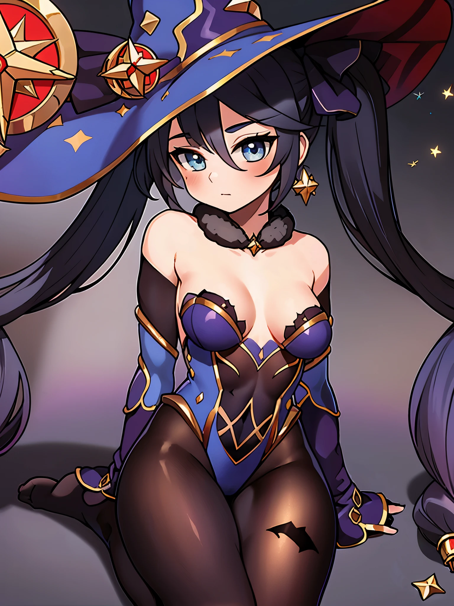 1girl,bare shoulders,black hair,black pantyhose,blue eyes,blush,breasts,cleavage,collarbone,detached sleeves,gloves,gold trim,hair between eyes,hat,highleg,highleg leotard,leotard,long hair,long sleeves,looking up,medium breasts,no shoes,pantyhose,solo,star (symbol),strapless,strapless leotard,thighlet,thighs,twintails,unworn hat,unworn headwear,very long hair,watermark,witch hat