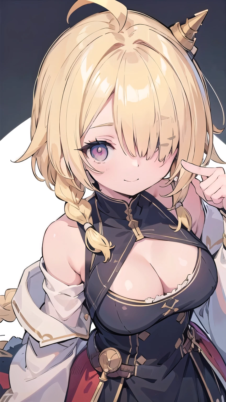 tits、cleavage, smile, face palm、breasts close up, blonde　((((((hair over one eye)))))), Braid Styles, spiked hair, blunt bangs, bob hair, a braid, Ahoge　red eyes, off shoulder,  From above, front, standard bearer