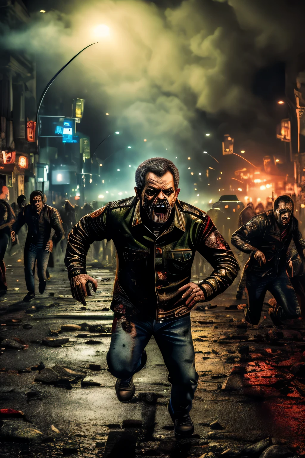 (best quality,highres,ultra-detailed,masterpiece:1.2),realistic,zombies chasing President Lula,desperate expression,fearful face,zombies in pursuit,detailed background,action-packed,horror,nighttime scene,dramatic lighting,colorful atmosphere,President Lula running for his life,crowded chaotic streets