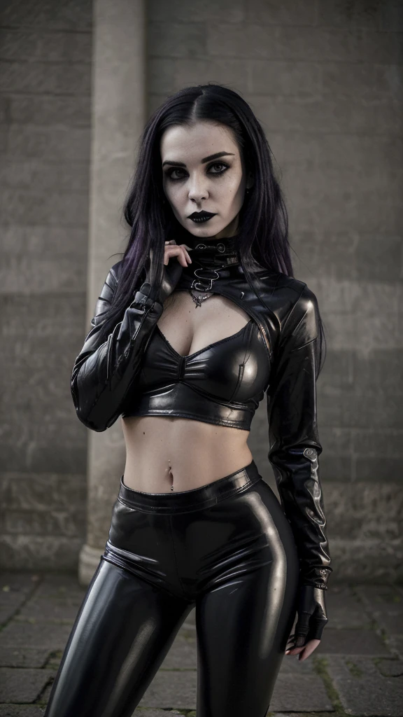 (imagem realista)(fotografia profissional), linda garota emo, toda roqueira, usando roupas escuras de Roqueira, idade 21 anos, EMO appearance, cabelos Lisos e escuros, complete image wearing tight dark latex pants, wearing a dark jacket and a dark shirt with a very gothic style, wearing dark Hall Star sneakers(( his physical appearance is very gothic)) e um batom escuro,(( esta no meio de uma rua)) (( imagem da rua desfocada))