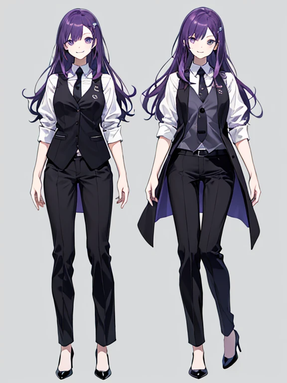 Purple,long hair,woman,suit,black vest,A shirt with rolled up sleeves,tie,pants,high heels,,simple background,smile,whole body,full body,full body,Standing picture,vtuber,upright,,Standing upright with face and body facing forward,