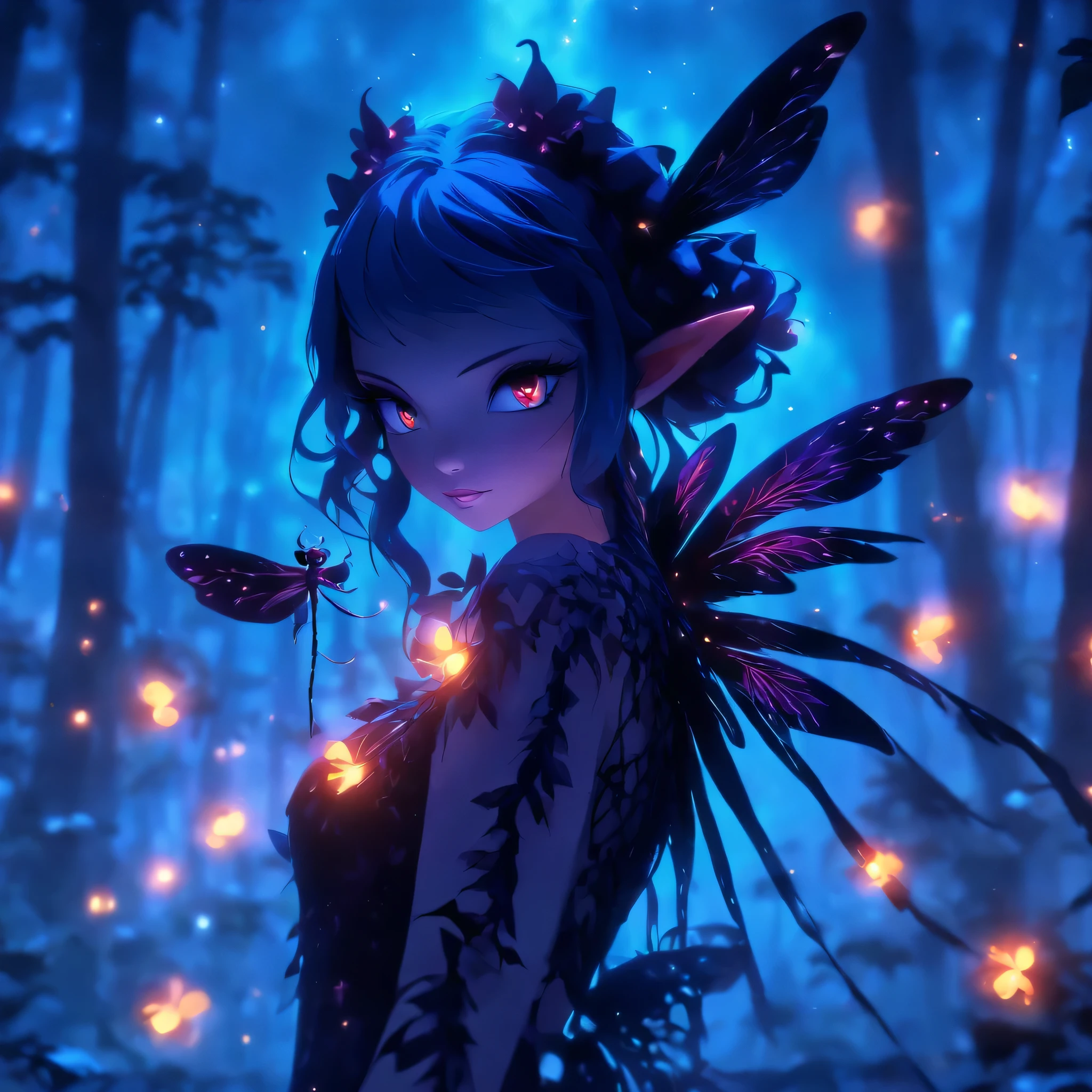 Realistic fairy tale, female fairy, twisted version, gothic attire, darkened theme, full body, demonic aura, 3D Image, dragonfly wings, appoky forest background