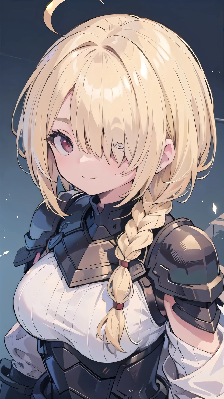 tits、smile, face palm、breasts close up, blonde ((((((hair over one eye)))))), Braid Styles, spiked hair, blunt bangs, bob hair, a braid, Ahoge red eyes, , From above, From the side, armored dress, off shoulder