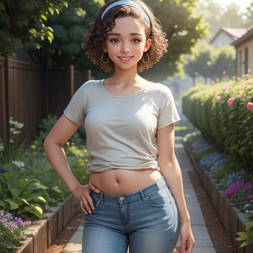 Full-body image, Girl with curly short brown hair, headband, pierced ears, earrings, freckles, tan skin, smiling, small breasts, garden background, gray shirt and jeans, green eyes, ager, looking away from the camera, very pregnant, short, young