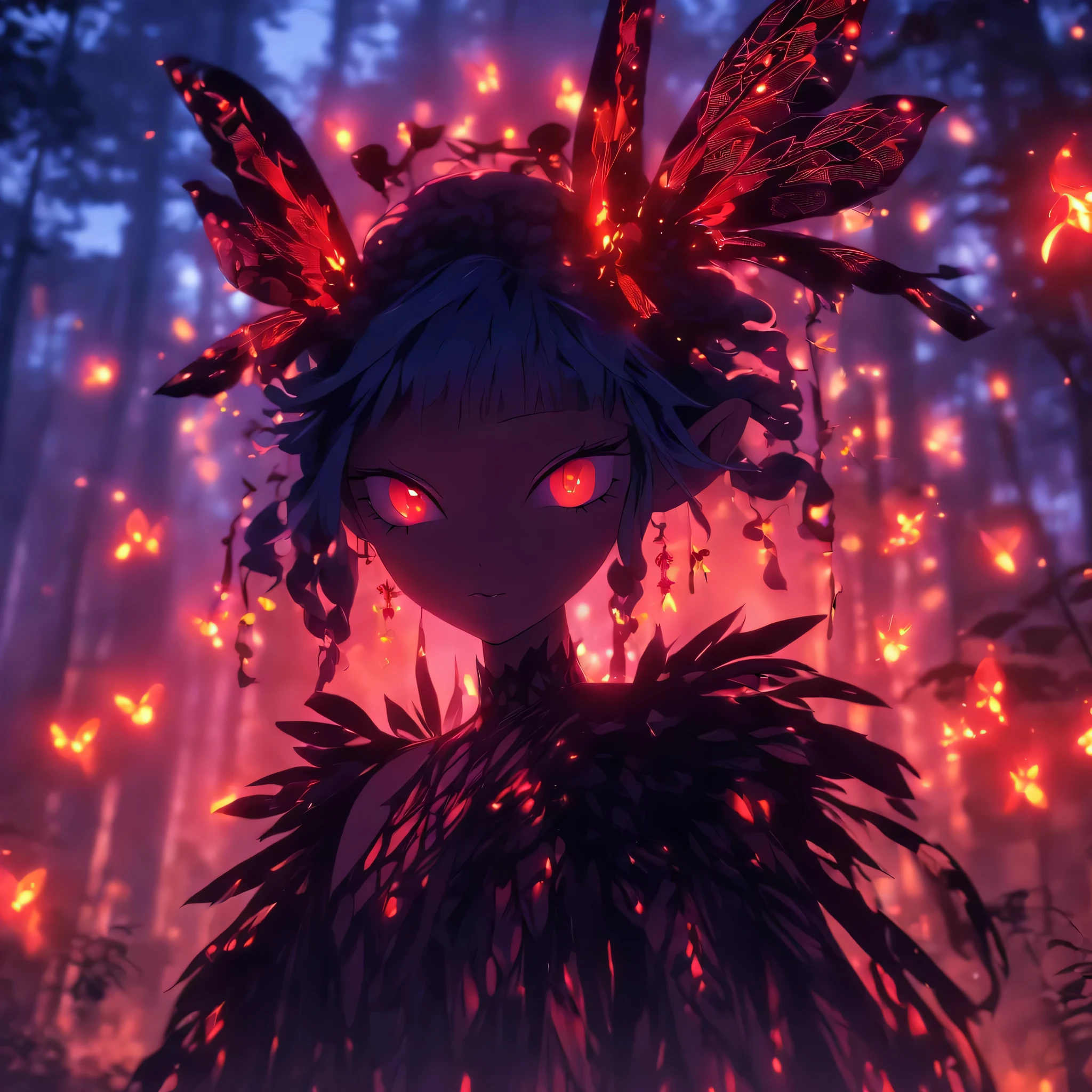 Anime style, female fairy, twisted version, gothic attire, darkened theme, full body, demonic aura, 3D Image, dragonfly wings, appoky forest background