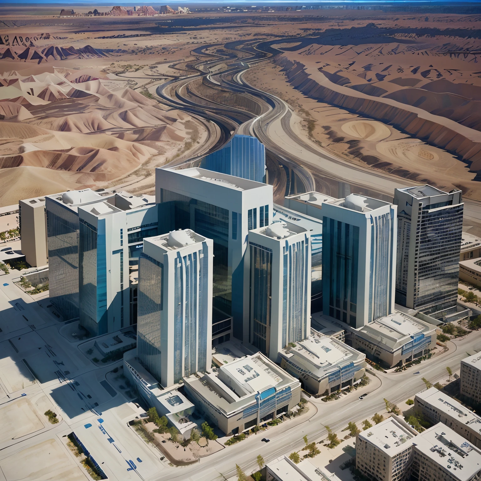 aerial view of Modern building skycraper robust white futuristic LED illuminated blue windows and doors, set in Utah desert orange sunny day realistic texture illuminated ambient day sun city ESG, paved streets, bike paths, bridges and traffic, afforestation and water fountains and lake, swimming pools, helicopter landing, airport, park, companies and market 