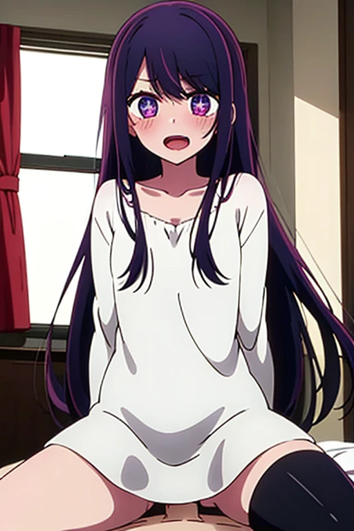 ((highest quality)), ((masterpiece)), (be familiar with), perfect face, indoor, Bedroom, looking at the viewer,
one woman, Hoshino Ai,
open mouth, ecstatic expression, blush, smile,
small breasts, flat chest, young girl, , , girl,
long hair, purple hair, purple eyes, Long Hair,
Completely naked, Nipple exposed, Sex with a man with a big cock, 膣内ejaculation, semen splashes, Insert a into your, sex in missionary position, , spread legs,