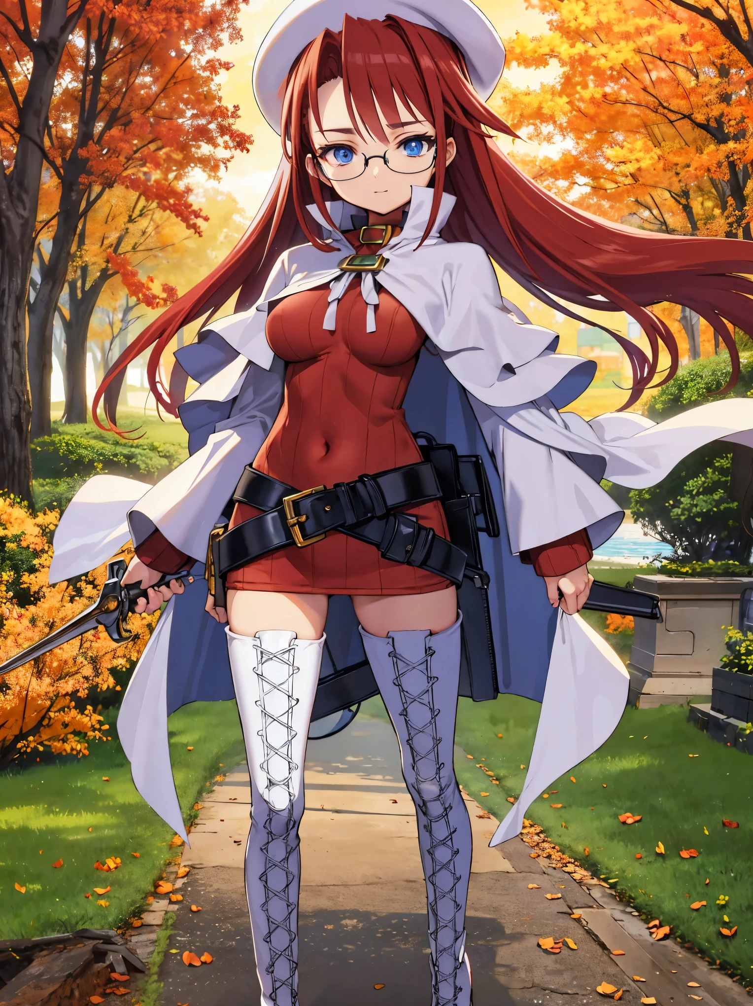 summonnightaty, aty, long hair, blue eyes, red hair, beret, hat, glasses,
BREAK long hair, thighhighs, hat, dress, boots, glasses, belt, cape, sweater, zettai ryouiki, beret, thigh boots, white footwear, ribbed sweater, loose belt,solo,
BREAK outdoors, fantasy,on_a_ship,
BREAK (masterpiece:1.2), best quality, high resolution, unity 8k wallpaper, (illustration:0.8), (beautiful detailed eyes:1.6), extremely detailed face, perfect lighting, extremely detailed CG, (perfect hands, perfect anatomy),covered_nipples,covered_navel,light_smile ,(half_eyes:1.4),sword,armpit,sleepy,dynamic_standing,barrel,red_sweater,apart_legs,magical_effect,pulmp,big_tits,