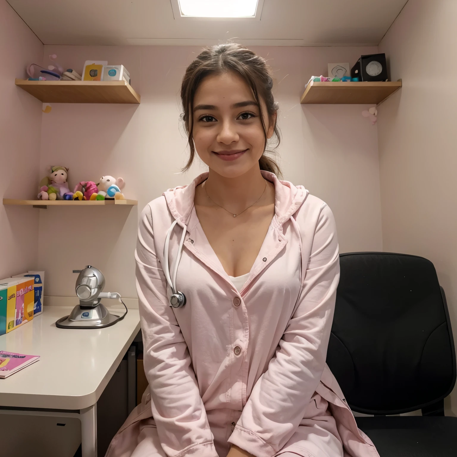 Entendi! I will create an image description for you:

A imagem mostra a Doutora Maya, an adorable baby, in his super excited doctor's office. The office is decorated in soft pink tones, criando uma atmosfera acolhedora. Na parede, there is a chalk board with fun and wholesome character drawings. Ao lado, shelves display colorful doctor toys, like stethoscopes, toy thermometers and syringes. Maya is sitting in her doctor's chair, wearing a white coat over a pink jumpsuit, with a stethoscope hanging around your neck. She is smiling excitedly while holding a teddy bear, pronto para cuidar de seus pacientes mirins. Ao fundo, uma janela revela um dia ensolarado, filling the office with natural light.