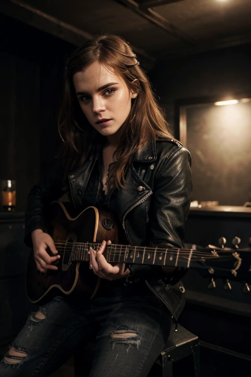 (highres:1.2),detailed portrait of Emma Watson,beautiful detailed eyes,beautiful detailed lips,gorgeous hair flowing,confident expression,black rock metal guitar in hand,dark and mysterious atmosphere,moody lighting,vibrant colors,gritty texture,vivid and intense,rock and roll vibes,edgy and rebellious look,close-up shot of the face,artistic rendering,flawless skin,sharp focus,studio lighting,emotionally charged,close interaction between Emma Watson and the guitar,edgy fashion style,leather jacket and ripped jeans,empowered and strong,raw energy and passion.