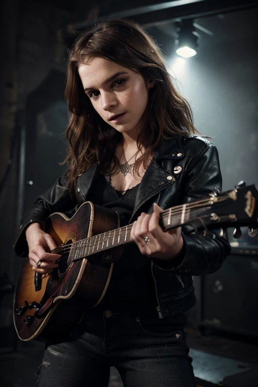 (highres:1.2),detailed portrait of Emma Watson,beautiful detailed eyes,beautiful detailed lips,gorgeous hair flowing,confident expression,black rock metal guitar in hand,dark and mysterious atmosphere,moody lighting,vibrant colors,gritty texture,vivid and intense,rock and roll vibes,edgy and rebellious look,close-up shot of the face,artistic rendering,flawless skin,sharp focus,studio lighting,emotionally charged,close interaction between Emma Watson and the guitar,edgy fashion style,leather jacket and ripped jeans,empowered and strong,raw energy and passion.