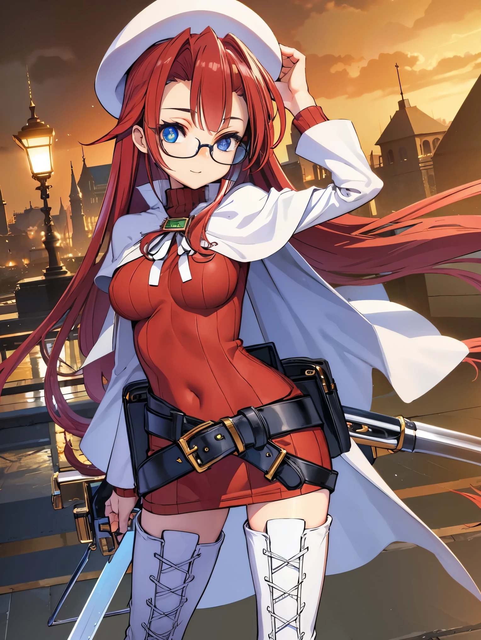 summonnightaty, aty, long hair, blue eyes, red hair, beret, hat, glasses,
BREAK long hair, thighhighs, hat, dress, boots, glasses, belt, cape, sweater, zettai ryouiki, beret, thigh boots, white footwear, ribbed sweater, loose belt,solo,
BREAK outdoors, fantasy,on_a_ship,
BREAK (masterpiece:1.2), best quality, high resolution, unity 8k wallpaper, (illustration:0.8), (beautiful detailed eyes:1.6), extremely detailed face, perfect lighting, extremely detailed CG, (perfect hands, perfect anatomy),covered_nipples,covered_navel,light_smile ,(half_eyes:1.4),sword,armpit,sleepy,dynamic_standing,barrel,red_sweater,apart_legs,magical_effect,pulmp,big_tits,