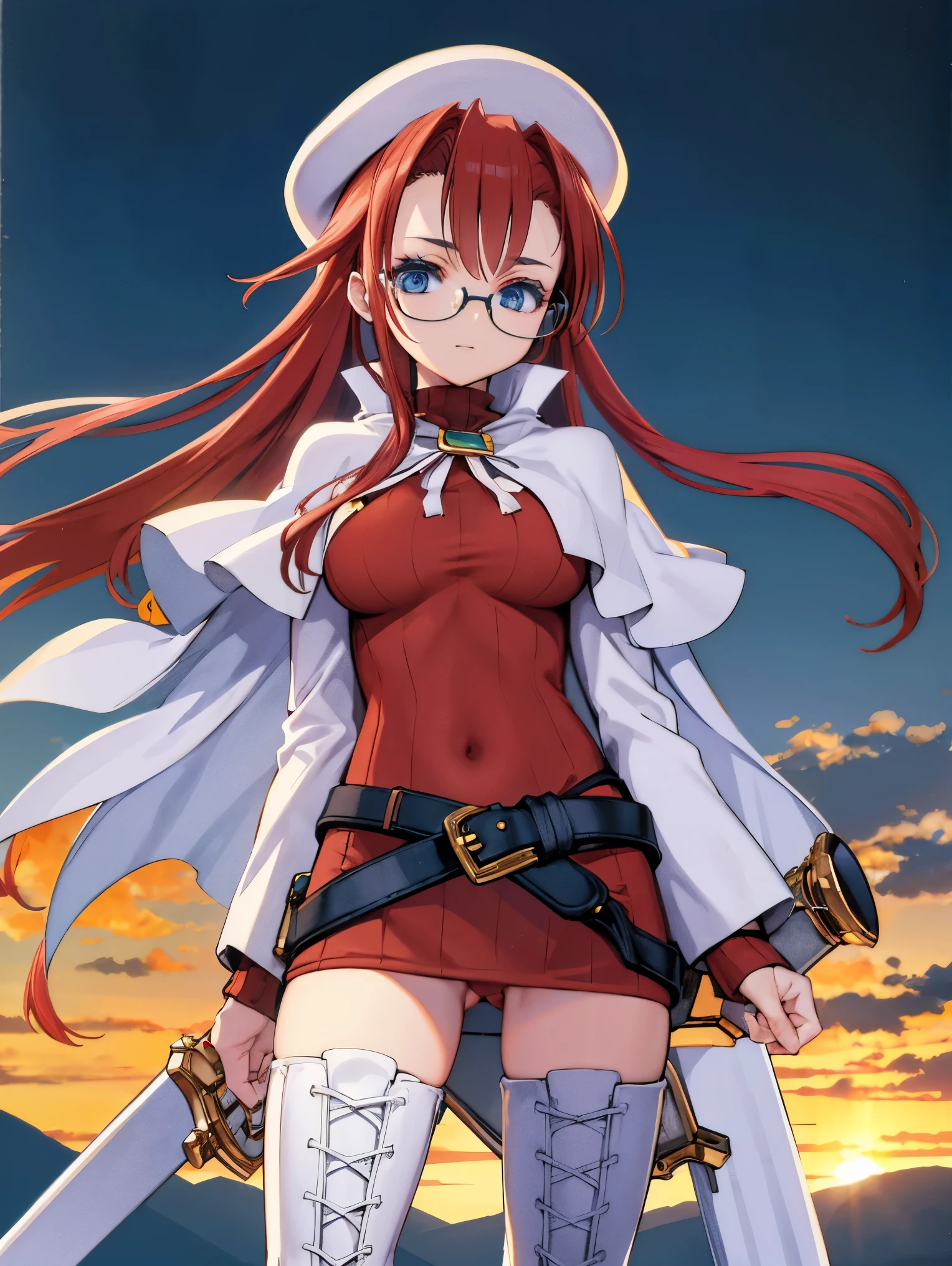 summonnightaty, aty, long hair, blue eyes, red hair, beret, hat, glasses,
BREAK long hair, thighhighs, hat, dress, boots, glasses, belt, cape, sweater, zettai ryouiki, beret, thigh boots, white footwear, ribbed sweater, loose belt,solo,
BREAK outdoors, fantasy,on_a_ship,
BREAK (masterpiece:1.2), best quality, high resolution, unity 8k wallpaper, (illustration:0.8), (beautiful detailed eyes:1.6), extremely detailed face, perfect lighting, extremely detailed CG, (perfect hands, perfect anatomy),covered_nipples,covered_navel,light_smile ,(half_eyes:1.4),sword,armpit,sleepy,dynamic_standing,barrel,red_sweater,apart_legs,magical_effect,pulmp,big_tits,