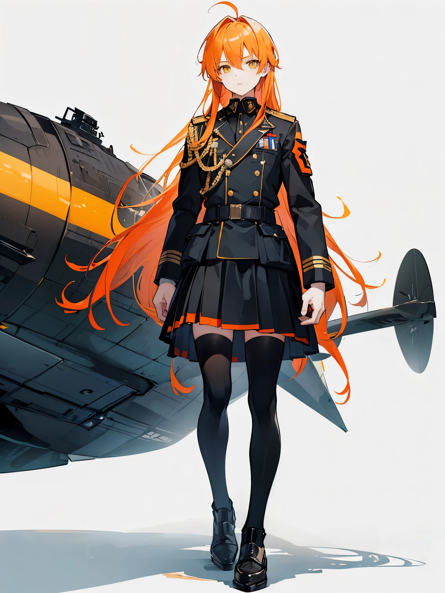 ((a boy)), orange hair, yellow eyes, ((full body)), individual, beautiful boy, uniform, (luftwaffe), ((long hair)), ((skirt))