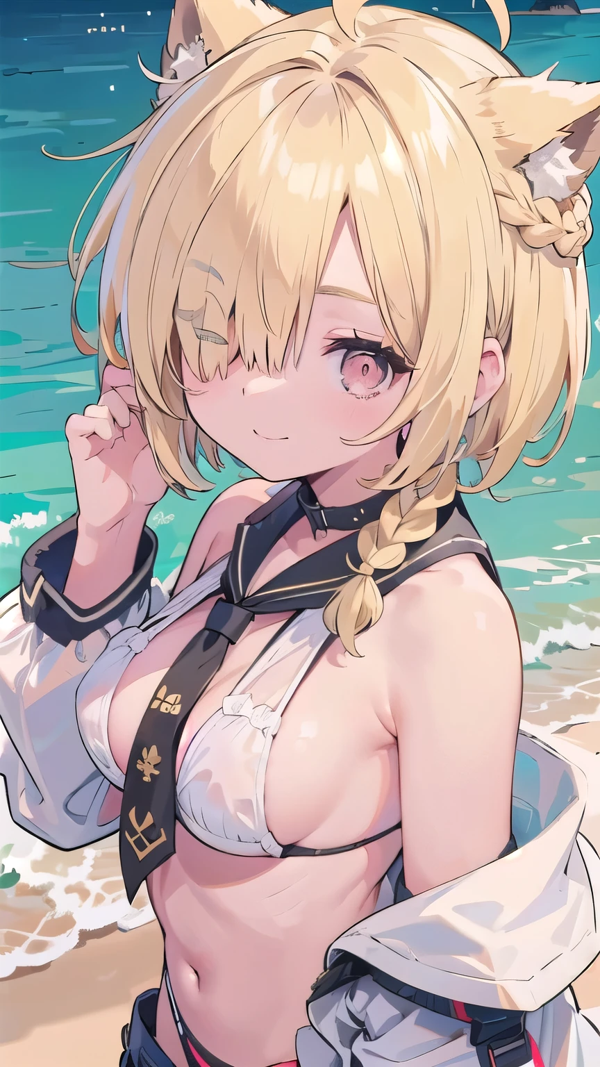tits、smile, face palm、breasts close up, blonde ((((((hair over one eye)))))), Braid Styles, spiked hair, blunt bangs, bob hair, a braid, Ahoge red eyes, , From above, From the side, white bikini, off shoulder
