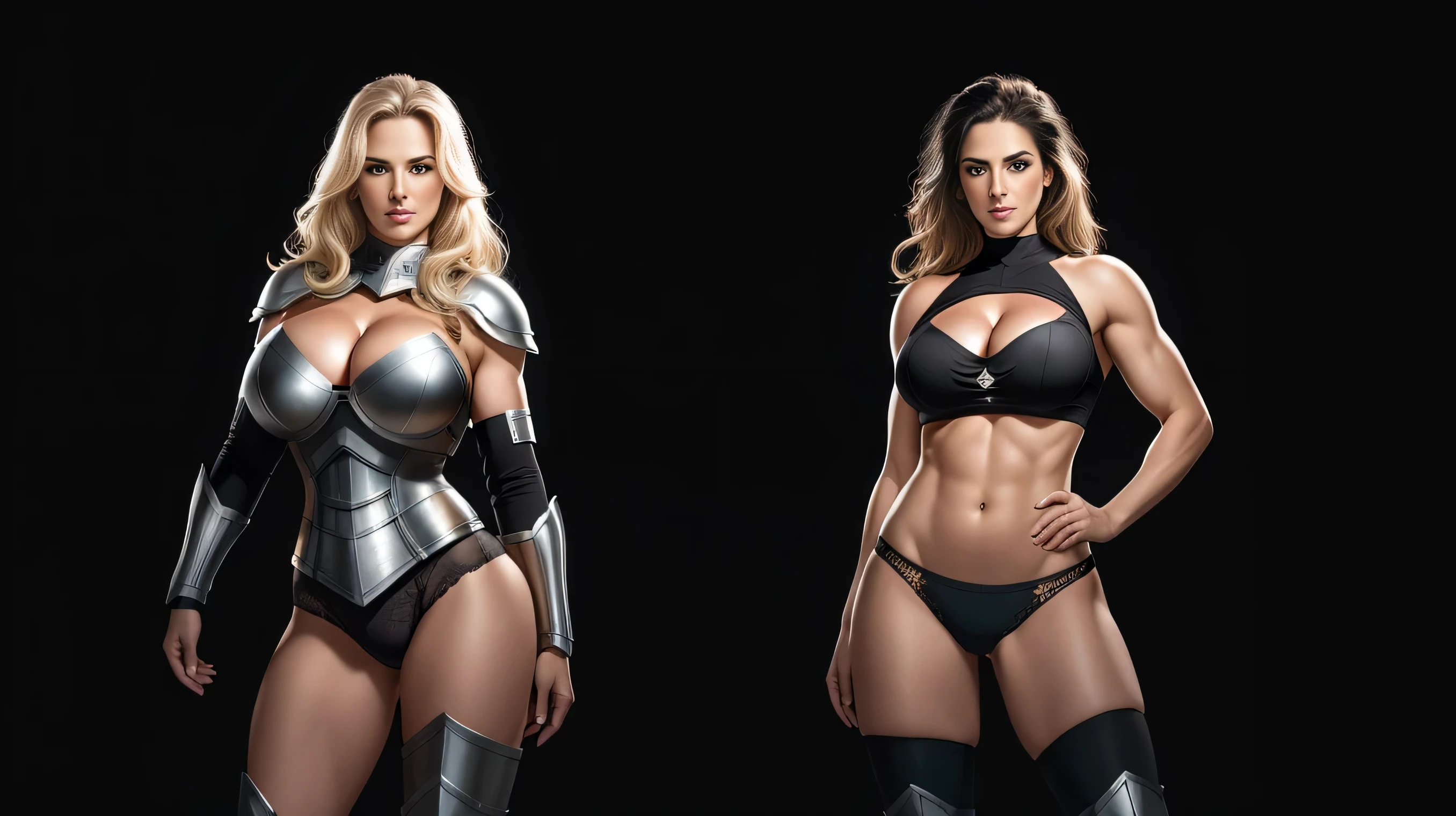 BOMBSHELL VALKYRIE, MATURE WOMAN, 30 YEARS OLD, ATHLETIC BODY, MUSCLES, BLONDE HAIR, GRAY EYES, ROSY CHEEKS, ANGRY FACE EXPRESSION, BLACK PANTIES UNDER ARMOUR, FULL BODY SILVER ARMOUR, SHINING ARMOUR, MITHOLOGY, random hair, looking at camera, gigantic breasts, cleavage, (high detailed skin:1.2), 8k uhd, dslr, super lighting, high quality, film grain, high res, highly detailed, hyper realistic, beautiful face, beautiful body, beautiful eyes nose lips, alluring expression, very bold, upper visible, full body photo, standing legs apart, pale translucent glowing skin, most beautiful face, cute, (well defined pubic hair:1.2)), (dark plain black background:1.4))