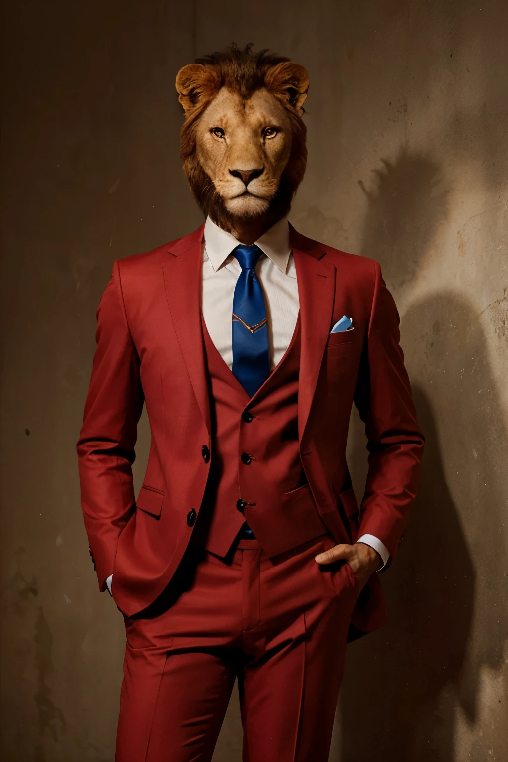 a lion animal, em uma pose que transmite poder e elegancia. He has an animated head and body and is wearing a red suit with a blue tie. Your gaze conveys a sense of danger