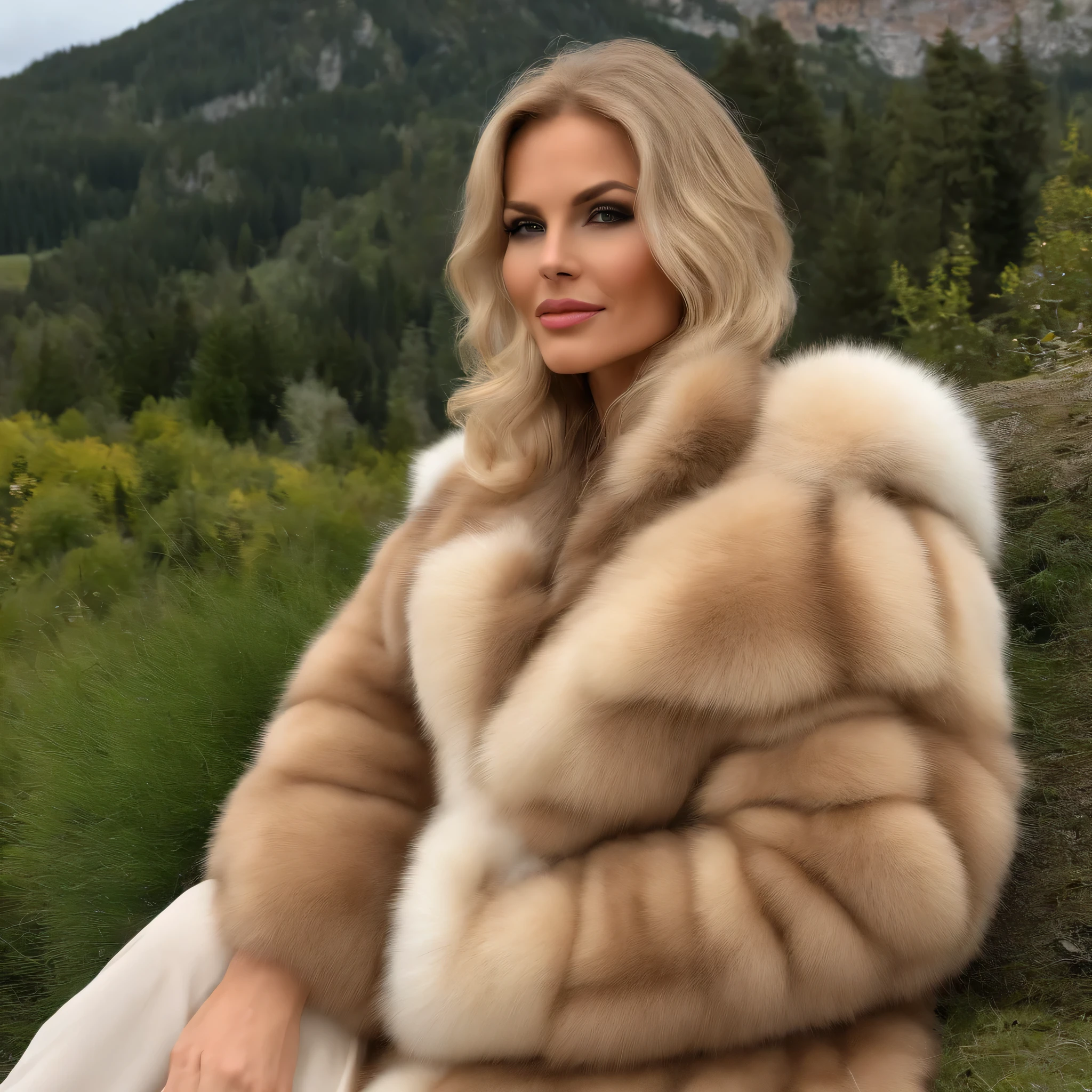 A very wide and very thick, very long sand mink fur coat, fifty centimeters thick, duveteux, naturel, with an ultra thick white and sand mink fur collar, three layers, sur Jeune Bo derek, fully nude front view, bare shoulders, and two large breast discovered by the fur, in the sunny mountain, en haute résolution de la plus high quality、,Photo 8K HDR), Realistic texture, realistic shadows