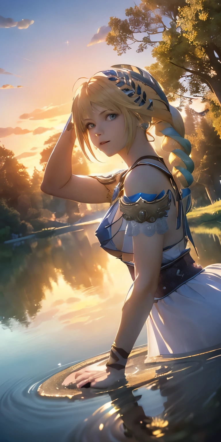 (masterpiece, best quality:1.3), Sophitia Alexandra, Soul Calibur, (cinematic angle:1.5), 28 years old, look at viewer, gold hair, braid hair, (there is a beautiful sunset with a lake and trees in the background, colorful skies, surreal colors, colorful sunset, colorful sky, marvellous reflection of the sky:1.2), (she is bathing:1.5),