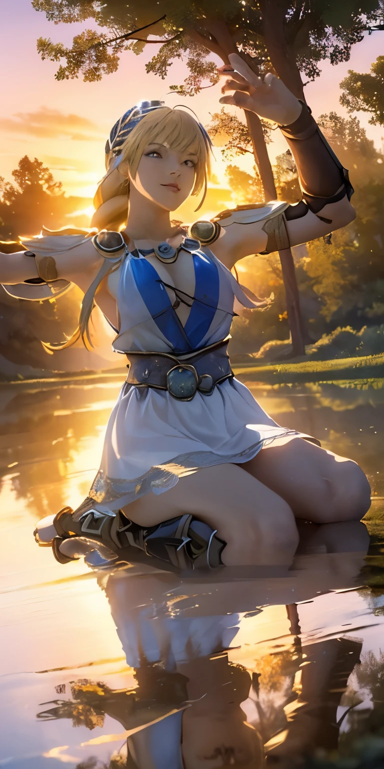 (masterpiece, best quality:1.3), Sophitia Alexandra, Soul Calibur, (cinematic angle:1.5), 28 years old, look at viewer, gold hair, braid hair, (there is a beautiful sunset with a lake and trees in the background, colorful skies, surreal colors, colorful sunset, colorful sky, marvellous reflection of the sky:1.2), (she is bathing:1.5),