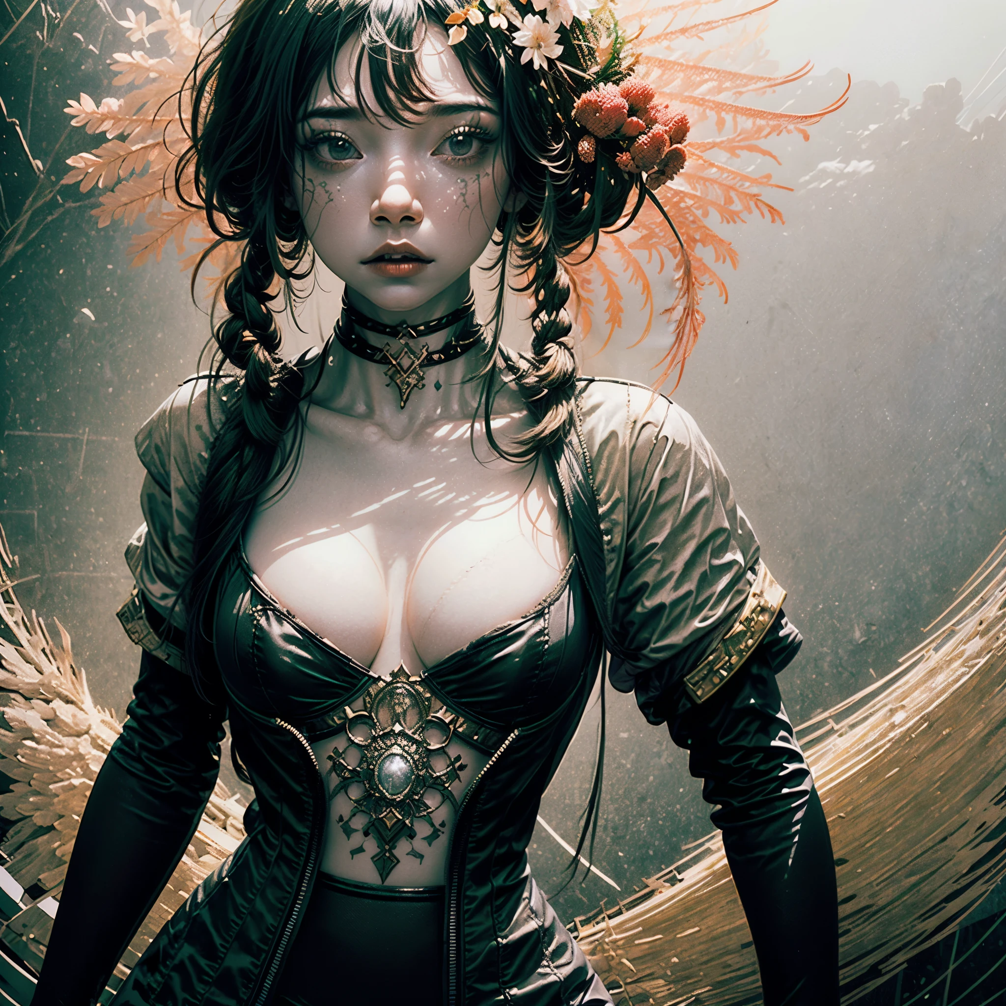 ((Create one girl 16+ years old.), (Full-length), (1 elf), (1 girl), (sexy), (One, bangs, dyed red hair) (White cyber-skull armor), ( long black tights with gloves),(wearing black outfit, holding sword, Ross Tran 8k, 3D character rendering 8K, Ross Tran style, Russell Dongjun Lu, Ross Tran style))_((Green:1.5, Orange:1.1, white: 1.3, yellow: 1.3))_ ((very sexy girl with dreadlocks, tattoos, bare parts of the body), ((down jacket on the naked body, T-shirt, thong))_((Beautiful figure, half-turn 16+ years) ,(realistic)), ((small peach breasts, graceful figure, narrow waist, smooth hips), (long double braids), (tight braids), (braided hair), (dark hair), (red lips), (smile ))_((Shiny skin:1.5, white skin, light skin:1.5)), ((sexy), (cute))_((amazing character designs, quiz style artwork, hyper detailed fantasy character, by Ross Tran!!!, ross-draws 1. 0, epic exquisite character art)).((Fractals, lights, leaves, fog, cherry blossoms, circles background))_((Chiaroscuro, contrast, warm-cold), (atmospheric rendering), (best quality), (Virtual realism))_((Digital painting, anime style, cyberpunk), (best quality, 4k, high resolution, masterpiece: 1.2))((ultradetailed), (realistic, photorealistic , photorealism: 1.37))_((Soft clear shapes, broad strokes, attention to detail))_((High quality, 16K | Ultra HD | Full HD)).