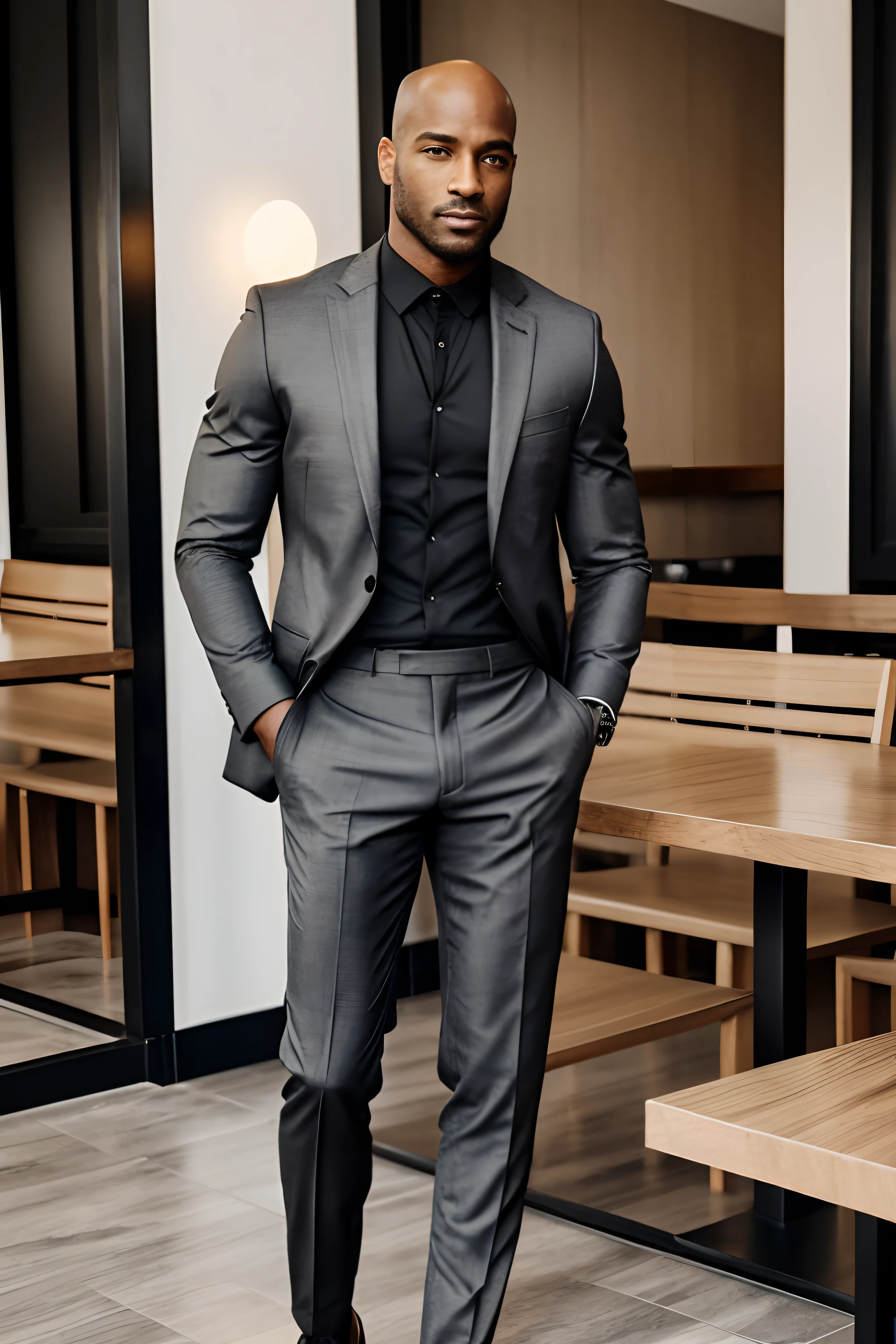 homem negro sentado, usando um laptop em um restaurante, sentado em um computador, imagem profissional com roupas elegantes, cabelo bem cortado e baixo , roupas sob medida, gray pants and black dress shoes, apelo masculino alta moda, Roupa formal, Homem magro com pele negra, Careca, Macho bonito, Male proportions, bonito e elegante, Black suit pants, modelo masculino, modelo posando, with a business suit, bonito e atraente