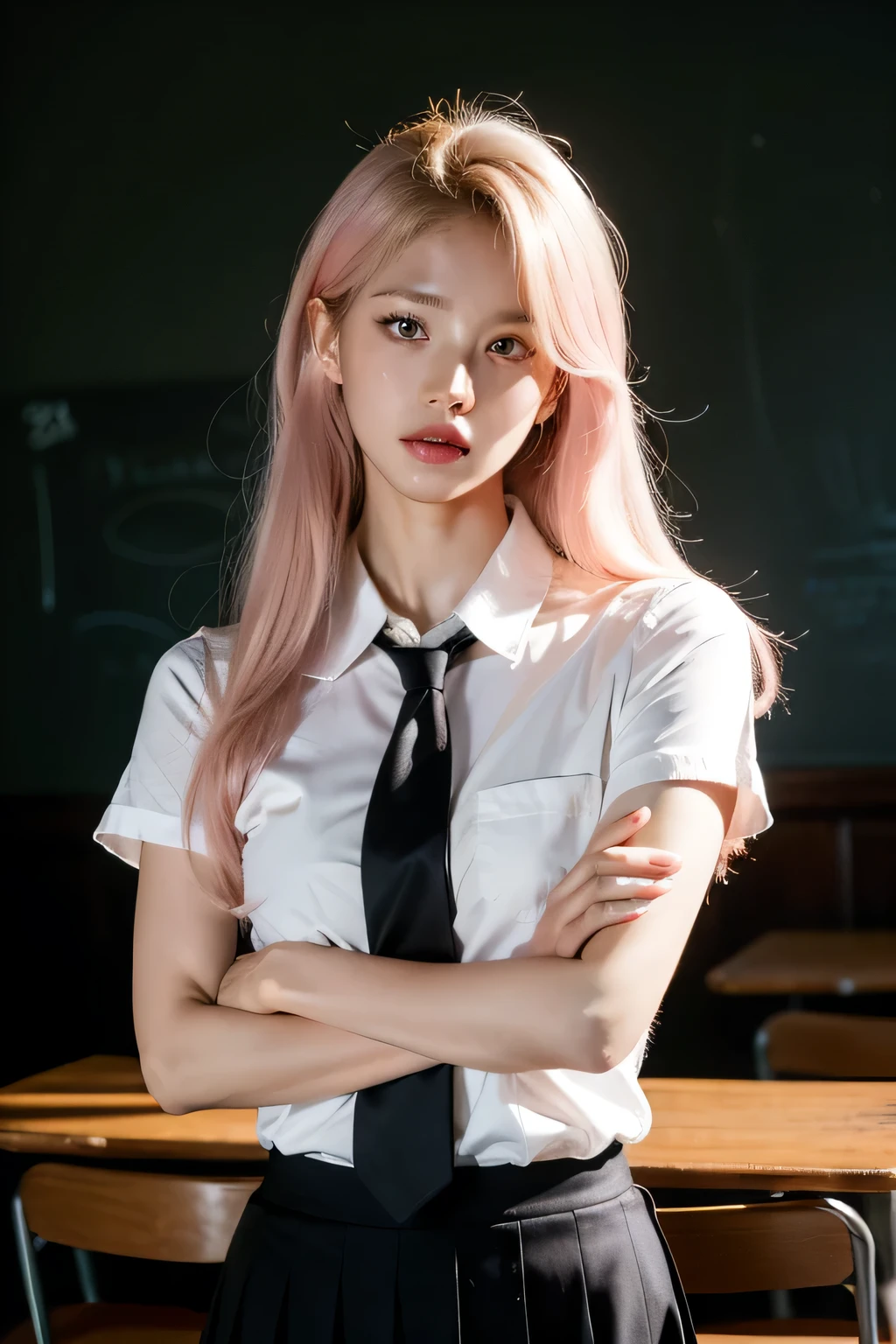 1girl, Kitagawa, portrait, blonde, masterpiece, best quality, highres, upper blodie, (from front), 1 girl, blonde hair, long hair, hq, straight hair, pink hair tips, red eyes, piercing in ear, , white shirt, tied shirt, black chocker, gray necktie, skirt plaid, (serious), look serious, flushy, pink lips, medium bust, (stand), (school class), soft skin, (high quality cloting), shiny eyes, pink eyelid, black eyeliner, nails pink, (crossed arms), beautiful face, 4k, chalkboard in the background, best quality, raw camera, chairs tables,