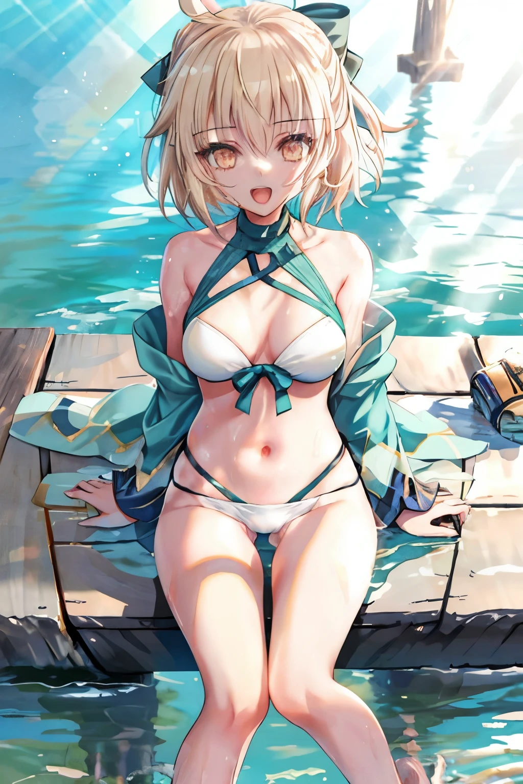 masterpiece, best quality,extremely detailed CG unity 8k wallpaper,
1girl,okita souji \(fate\), swimsuit,bikini,
smile,open_mouth,sitting,sunlight,splash_of_water,happy,gold_eyes,half_eyes,apart_legs,rising_knee,open_legs,covered_pussy,