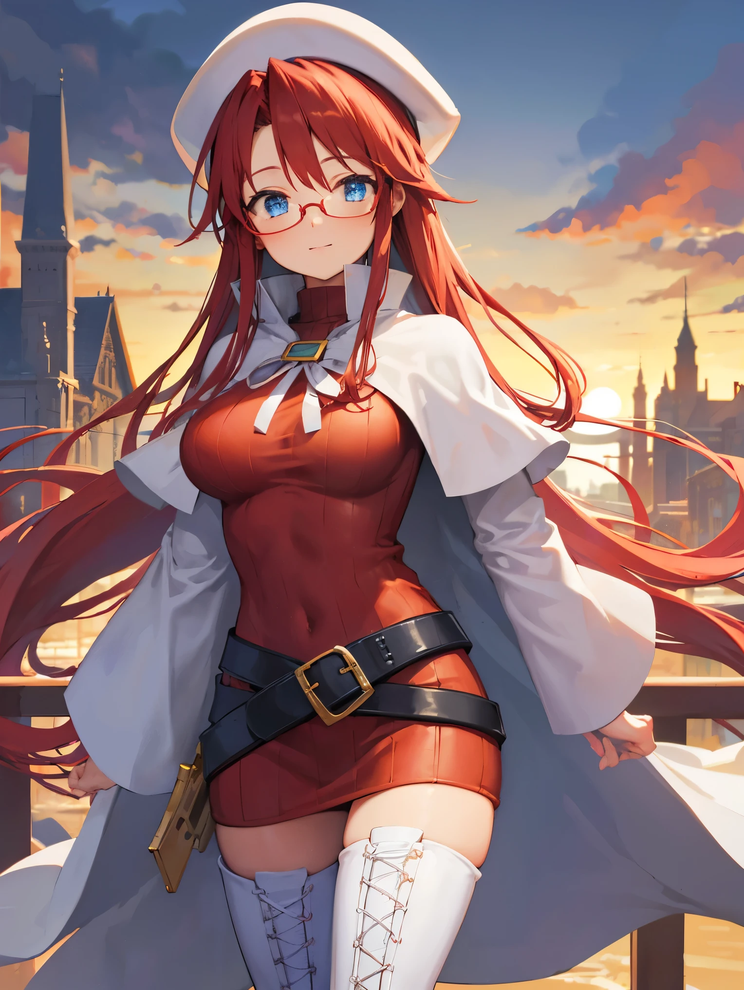 summonnightaty, aty, long hair, blue eyes, red hair, beret, hat, glasses,
BREAK long hair, thighhighs, hat, dress, boots, glasses, belt, cape, sweater, zettai ryouiki, beret, thigh boots, white footwear, ribbed sweater, loose belt,solo,
BREAK outdoors, fantasy,on_a_ship,
BREAK (masterpiece:1.2), best quality, high resolution, unity 8k wallpaper, (illustration:0.8), (beautiful detailed eyes:1.6), extremely detailed face, perfect lighting, extremely detailed CG, (perfect hands, perfect anatomy),covered_nipples,covered_navel,light_smile ,(half_eyes:1.4),sword,armpit,sleepy,dynamic_standing,barrel,red_sweater,apart_legs,magical_effect,pulmp,big_tits,