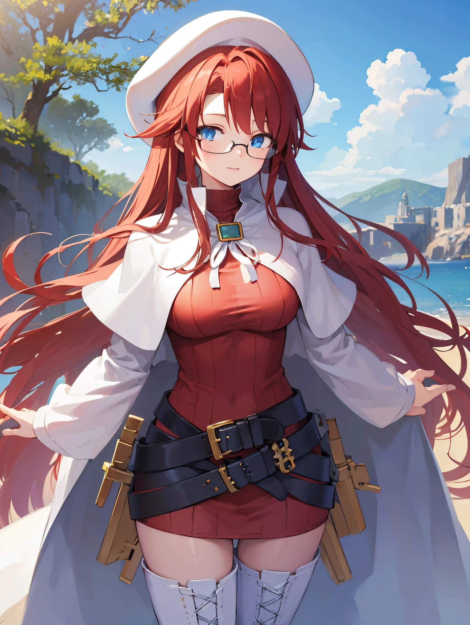 summonnightaty, aty, long hair, blue eyes, red hair, beret, hat, glasses,
BREAK long hair, thighhighs, hat, dress, boots, glasses, belt, cape, sweater, zettai ryouiki, beret, thigh boots, white footwear, ribbed sweater, loose belt,solo,
BREAK outdoors, fantasy,on_a_ship,
BREAK (masterpiece:1.2), best quality, high resolution, unity 8k wallpaper, (illustration:0.8), (beautiful detailed eyes:1.6), extremely detailed face, perfect lighting, extremely detailed CG, (perfect hands, perfect anatomy),covered_nipples,covered_navel,light_smile ,(half_eyes:1.4),sword,armpit,sleepy,dynamic_standing,barrel,red_sweater,apart_legs,magical_effect,pulmp,big_tits,