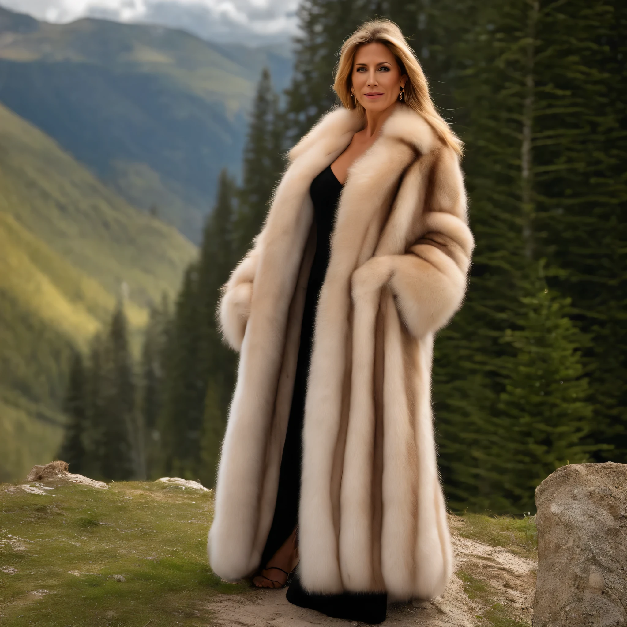  A very wide and very thick, very long sand mink fur coat, fifty centimeters thick, duveteux, naturel, with an ultra thick white and sand mink fur collar, three layers, sur Jeune Jennifer Aniston, fully nude front view, bare shoulders, and two large breast discovered by the fur, in the sunny mountain, en haute résolution de la plus high quality、,Photo 8K HDR), Realistic texture, realistic shadows
