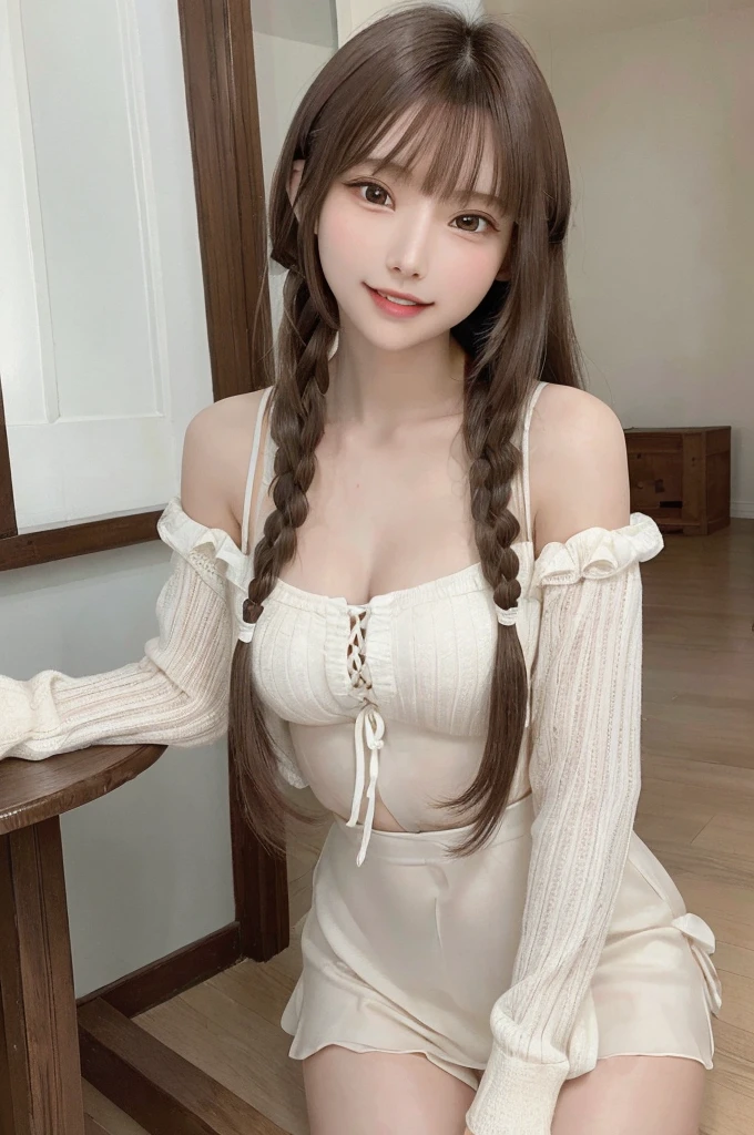 masterpiece, highest quality, High resolution,super detailed, amazingly beautiful woman,1girl girl, (beautiful girl, Delicate girl:1.4),break, (21 years old:1.4), break, Twenties, straight, full body, looking at the viewer, hair ornaments, brown hair, twin braids, bangs, A smile that shows white teeth,