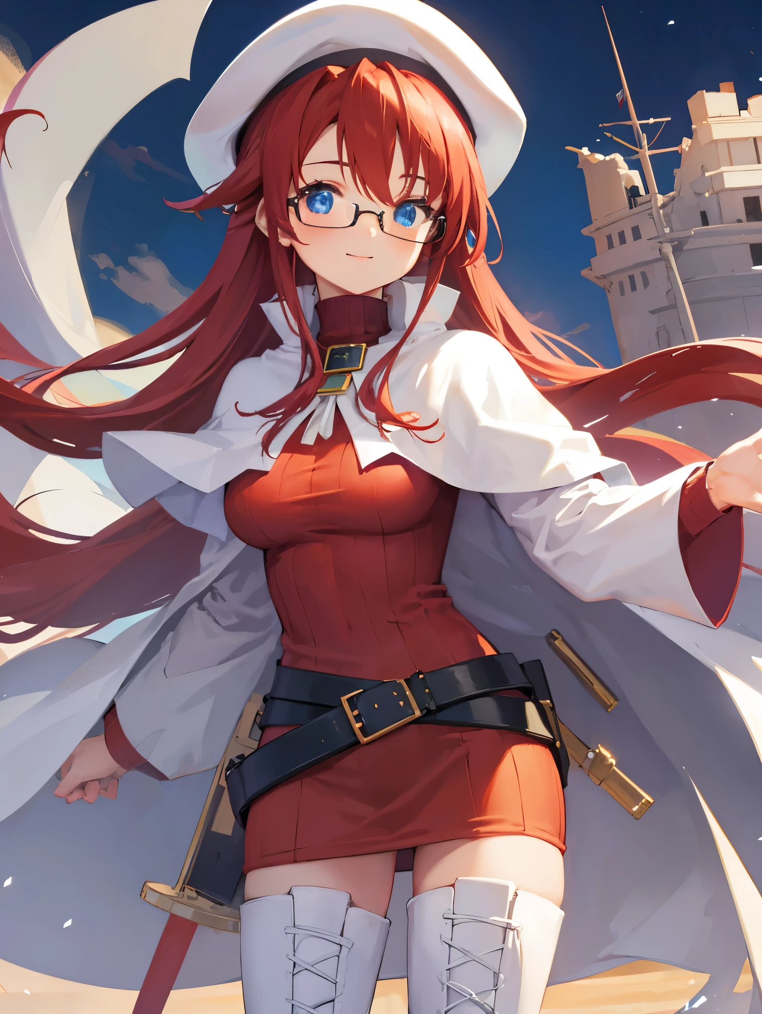 summonnightaty, aty, long hair, blue eyes, red hair, beret, hat, glasses,
BREAK long hair, thighhighs, hat, dress, boots, glasses, belt, cape, sweater, zettai ryouiki, beret, thigh boots, white footwear, ribbed sweater, loose belt,solo,
BREAK outdoors, fantasy,on_a_ship,
BREAK (masterpiece:1.2), best quality, high resolution, unity 8k wallpaper, (illustration:0.8), (beautiful detailed eyes:1.6), extremely detailed face, perfect lighting, extremely detailed CG, (perfect hands, perfect anatomy),covered_nipples,covered_navel,light_smile ,(half_eyes:1.4),sword,armpit,sleepy,dynamic_standing,barrel,red_sweater,apart_legs,magical_effect,pulmp,big_tits,