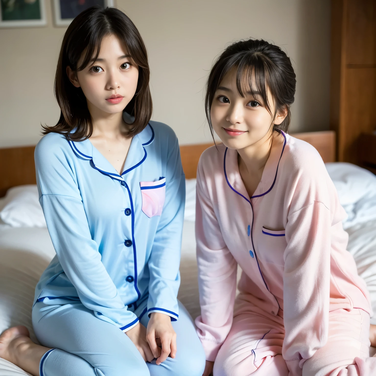 Best-quality, Masterpiece, Ultra-High-Resolution, (Photorealistic:1.5), Raw-Photo, on bed, lesbian-couple of 1-girl and 1-woman, both extremely beautiful skins, (1-girl, (15-years-old), The most famous Japanese idol, extremely beautiful short-cut-haired, extremely cute and extremely childish face, extremely cute big-eyes, wearing only pajamas with cute-design, extremely childish body), (1-woman, (35-years-old), The most famous Japanese actress, extremely beautiful long-hair, extremely beautiful face, extremely beautiful big-eyes, wearing only pajama with stylish-design, perfect-proportion), both twinkle-smile