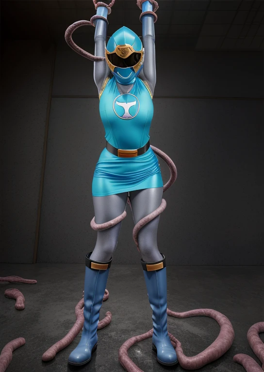 (best quality, masterpiece, RAW photo,ultra-detailed:1.2), 1girl, solo, looking at viewer, ((Hurricane Blue outfit, belt, gloves, helmet, blue spandex vest, blue boots, blue skirt, gray leggings, white gloves)), very large melon sized breasts, (((spread legs:1.1))), ((tentacles:1)), nsfw, raised arms, tentacles wrap around arms and legs, tentacles pressing on her crotch, tentacles squeezing her massive melon size breasts, dark room, eerie light, close up, industrial background, upper half body, creampie, wet