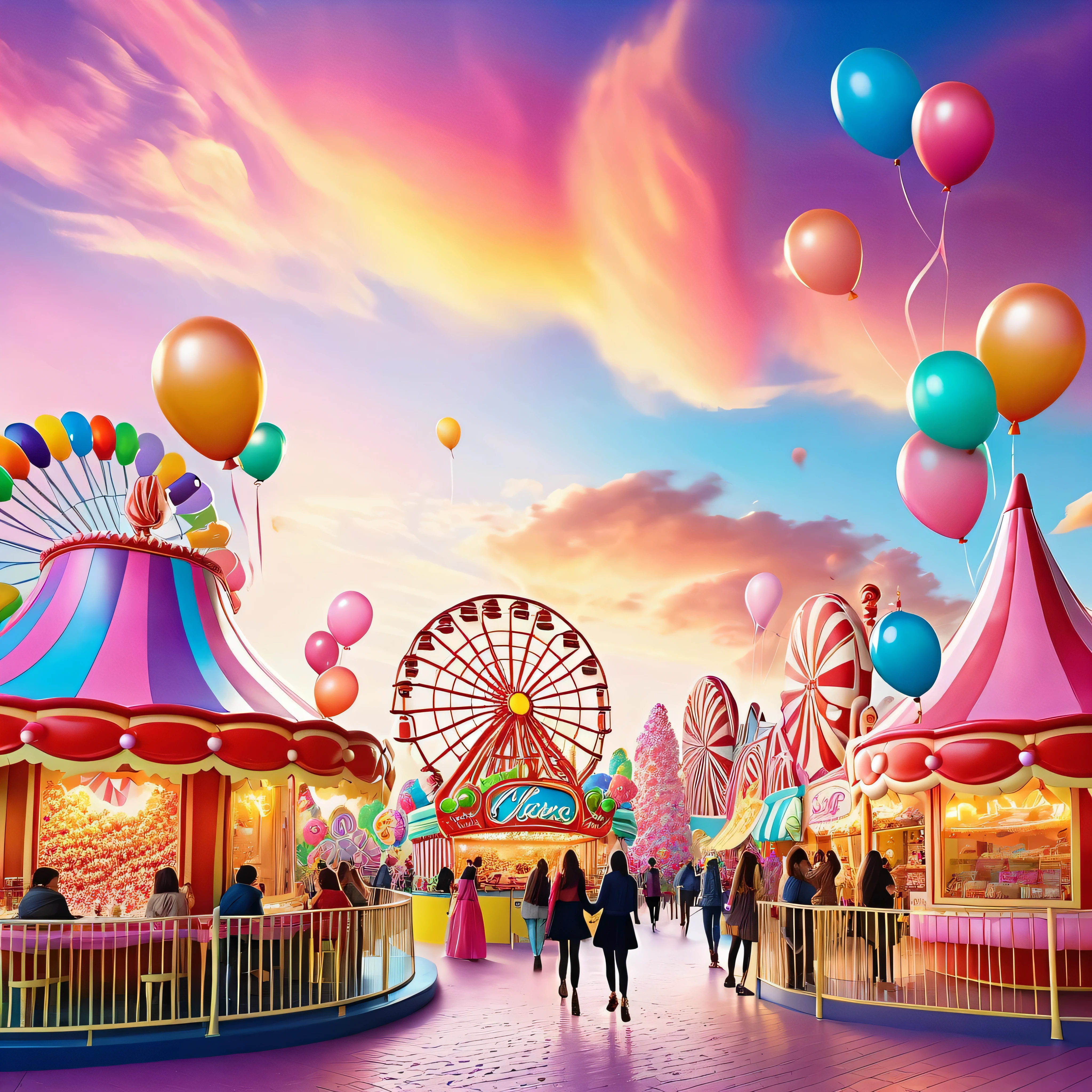 A sunset over a vibrant Candyland, with colorful balloons, ice cream, and drinks 🎈🍦🍹❤(😘👩🎀👗⚜👒👡💅)🎪🎢🎡🎠. The scene is full of excitement and joy, with a variety of attractions. The sky is ablaze with a mix of warm and cool tones, creating a stunning backdrop. The lighting is soft and golden, casting a warm glow over the entire landscape.

The vibrant colors of the candy-inspired structures stand out against the pastel sky. The candy-themed buildings are adorned with intricate details, from candy canes to lollipops, creating a whimsical and magical atmosphere. The balloons float in the air, adding an element of playfulness and fun to the scene. The air is filled with laughter and happy chatter as people enjoy the festive atmosphere.

The characters are beautifully dressed, with elegant outfits and delicate accessories. Their eyes shine with excitement and anticipation, while their lips display a cheerful smile. The girls' dresses are adorned with bows and ribbons, adding a touch of femininity to their appearance. The scene captures the beauty of friendship and the enjoyment of a carefree day at the amusement park.

The overall image quality is of the highest standard, with a focus on every minute detail. The image is ultra-detailed, bringing to life every aspect of the scene. The colors are vivid and vibrant, enhancing the magical atmosphere of the Candyland. The lighting is carefully crafted, creating a sense of depth and dimension. The photorealistic rendering adds a sense of realism to the artwork, making it appear almost like a photograph.

The art style combines elements of both illustration and photography, creating a unique and captivating visual experience. The colors are carefully chosen to evoke a sense of wonder and enchantment. The scene is bathed in warm hues, creating a dreamlike ambiance. The lighting highlights the key features of the landscape, adding depth and dimension to the image.

In summary, the prompt describes a beautiful sunset scene in a Candyl